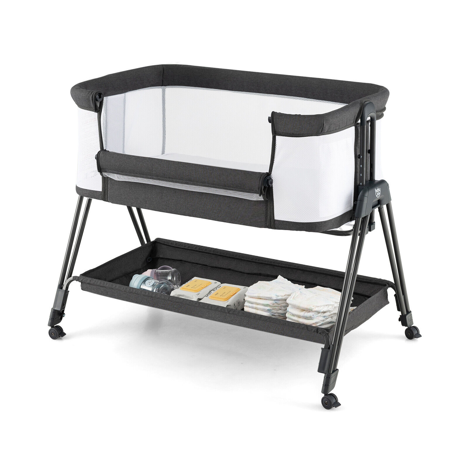 Baby Bedside Crib with Mattress for Birth to 9kg-Grey - Savings Store