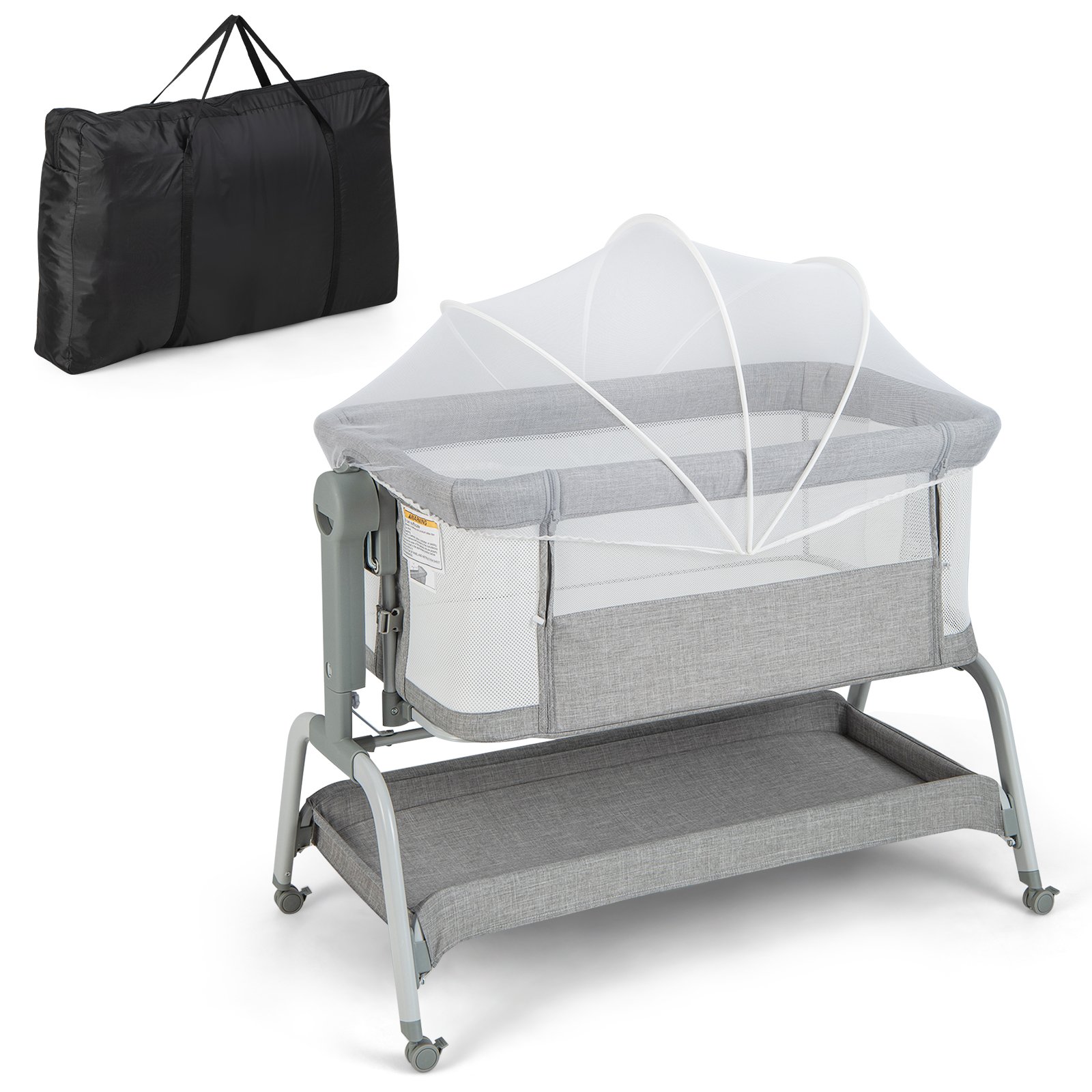 Baby Bassinet with Net with 6 Adjustable Heights-Grey - Savings Store