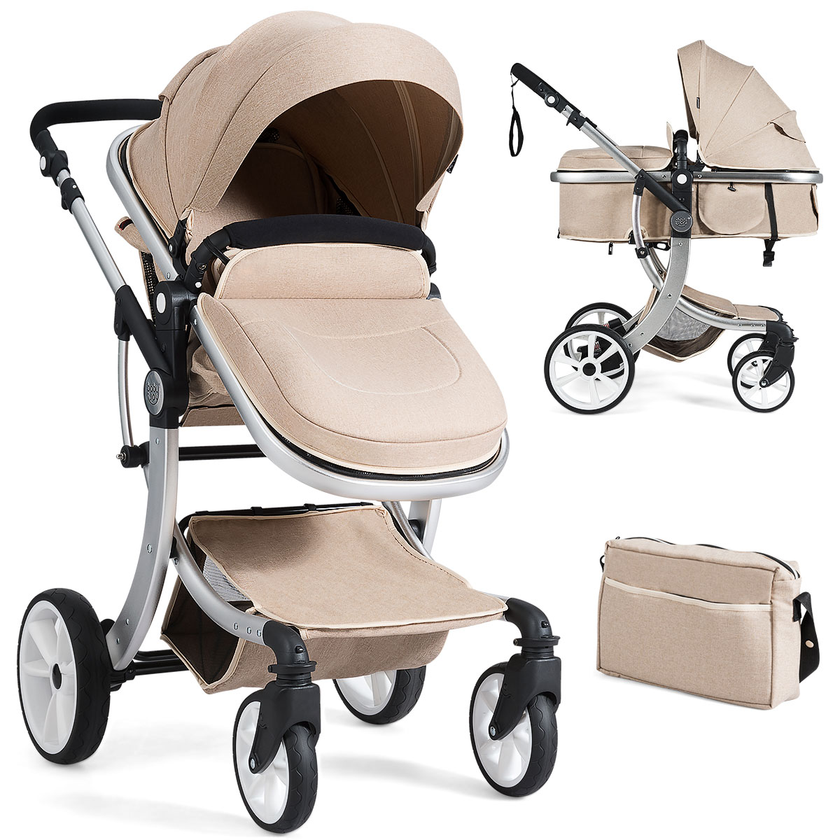 Foldable 2-in-1 Baby Stroller with Rain Cover and Mosquito Net - Beige - Savings Store