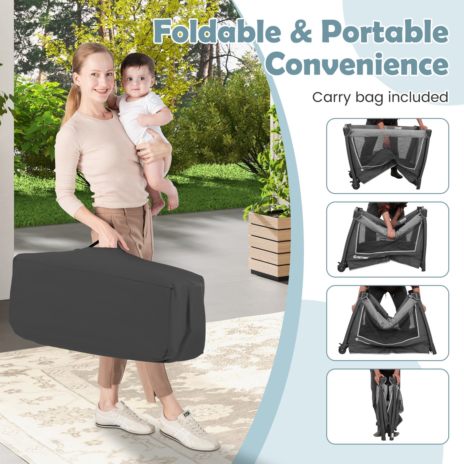 GLOWTHRA 5-in-1 Foldable Pack and Play with Removable Bassinet-Grey - Savings Store
