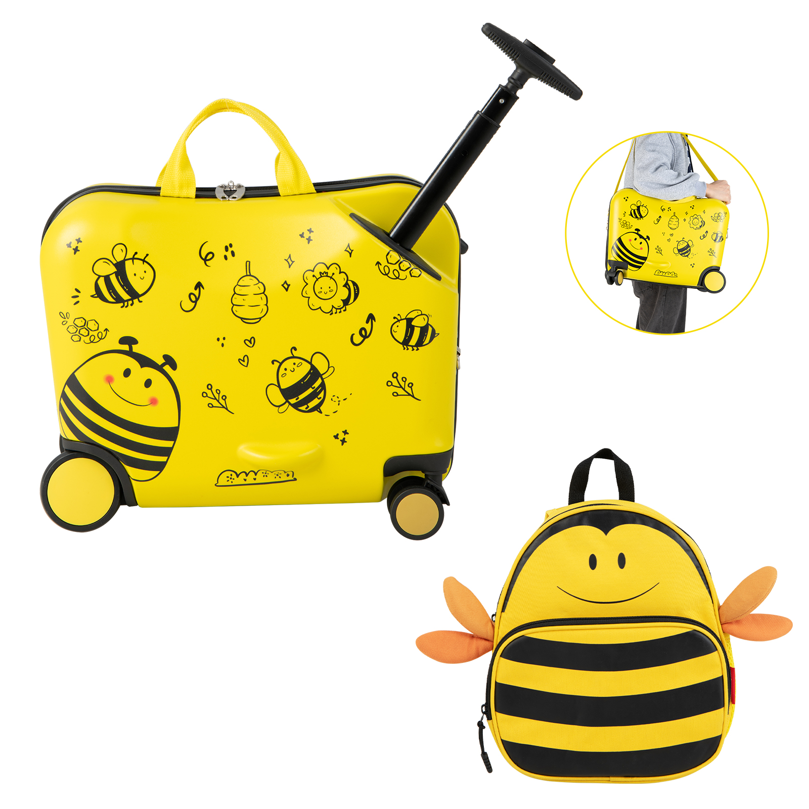 2 Pieces Kids Luggage Set with Spinner Wheels and Anti-Lose Rope-Yellow - Savings Store