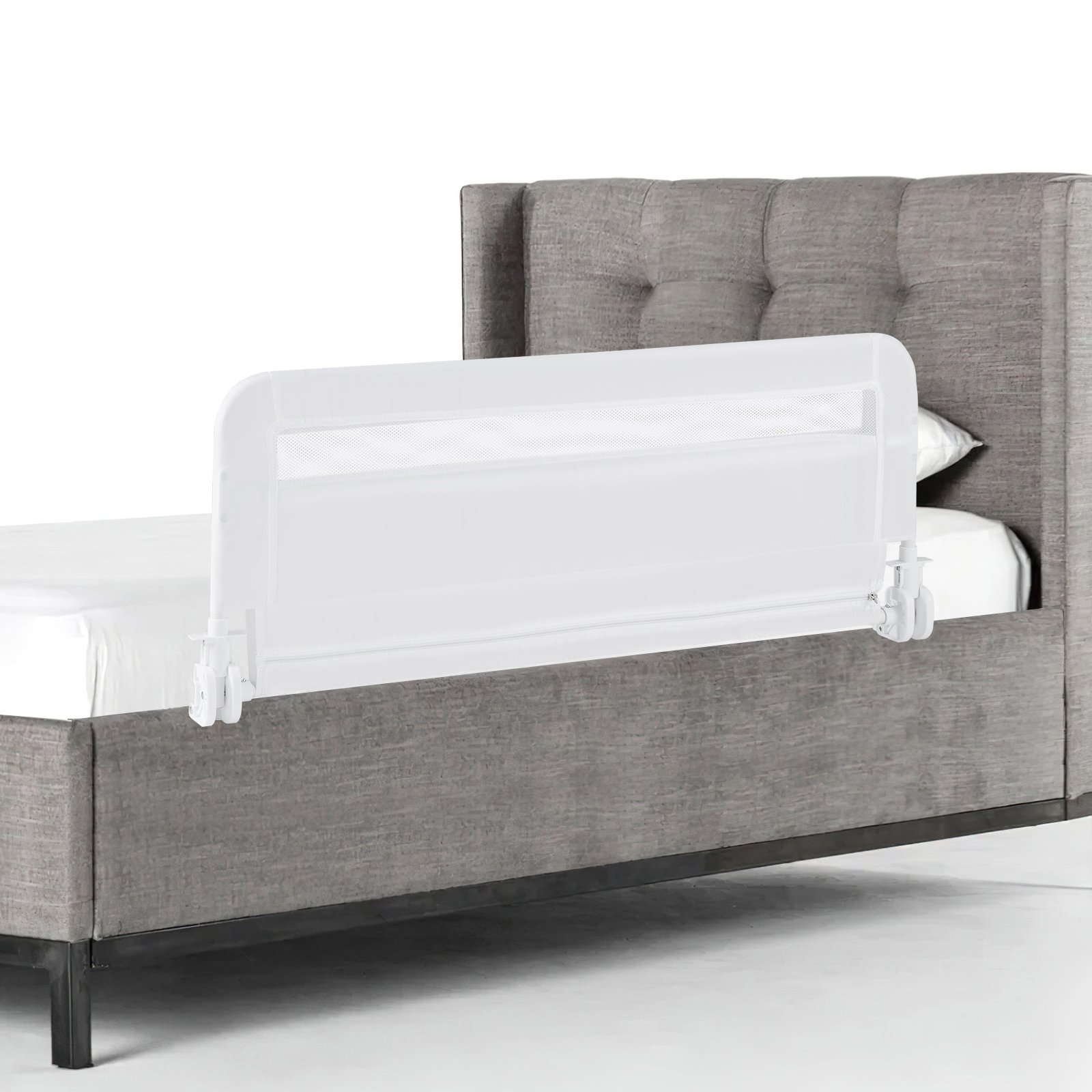 Baby Safety Rail - 100 CM/120 CM Foldable Baby Bed Rail with Removable Washable Cover and Safety Strap-White-100 cm - Savings Store