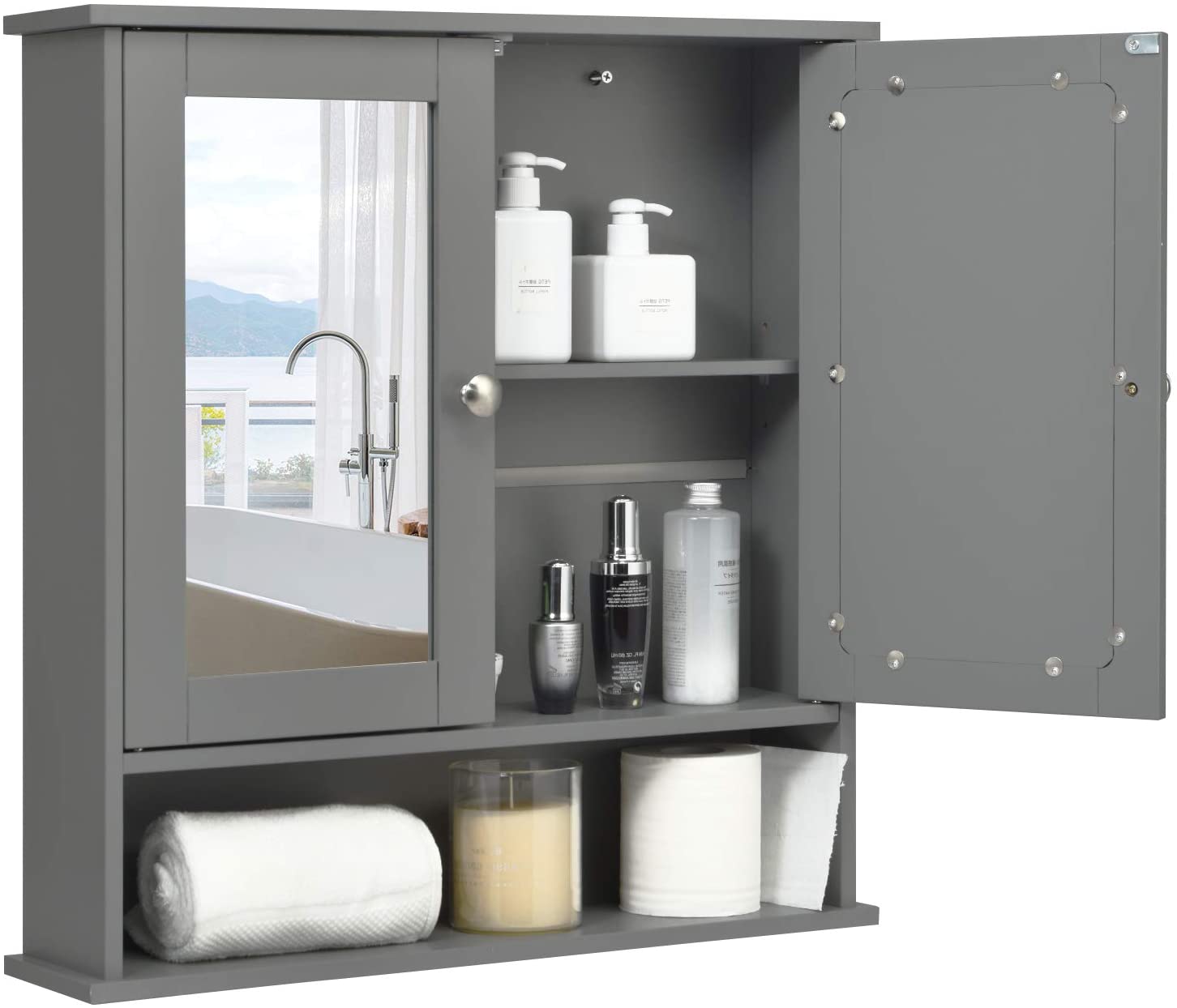 Wooden Hanging Medicine Organizer with Mirror and Adjustable Shelf-Grey - Savings Store