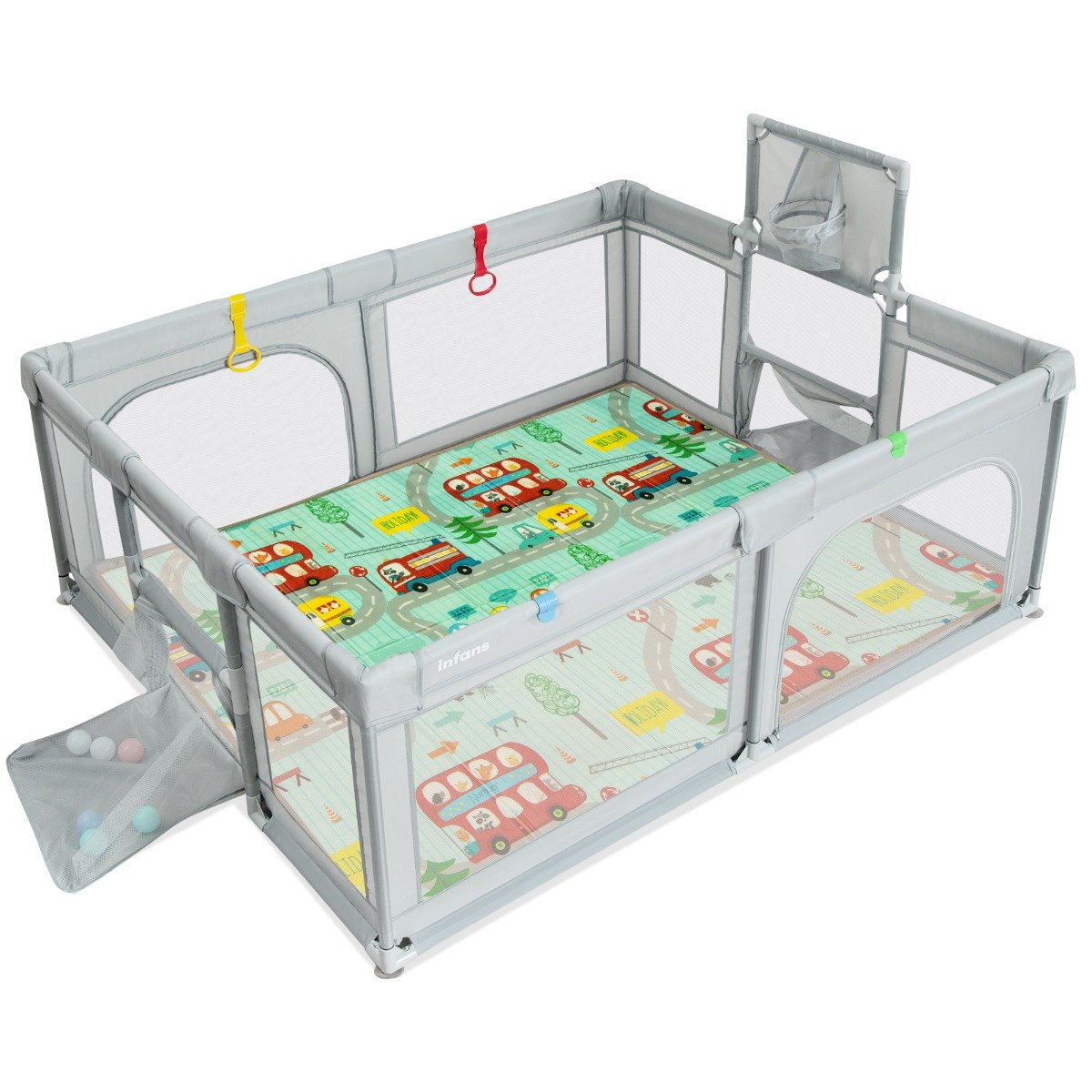 OVORRA Large Baby Playpen with Mat with Basketball Hoop and Soccer Nets-Grey - Savings Store