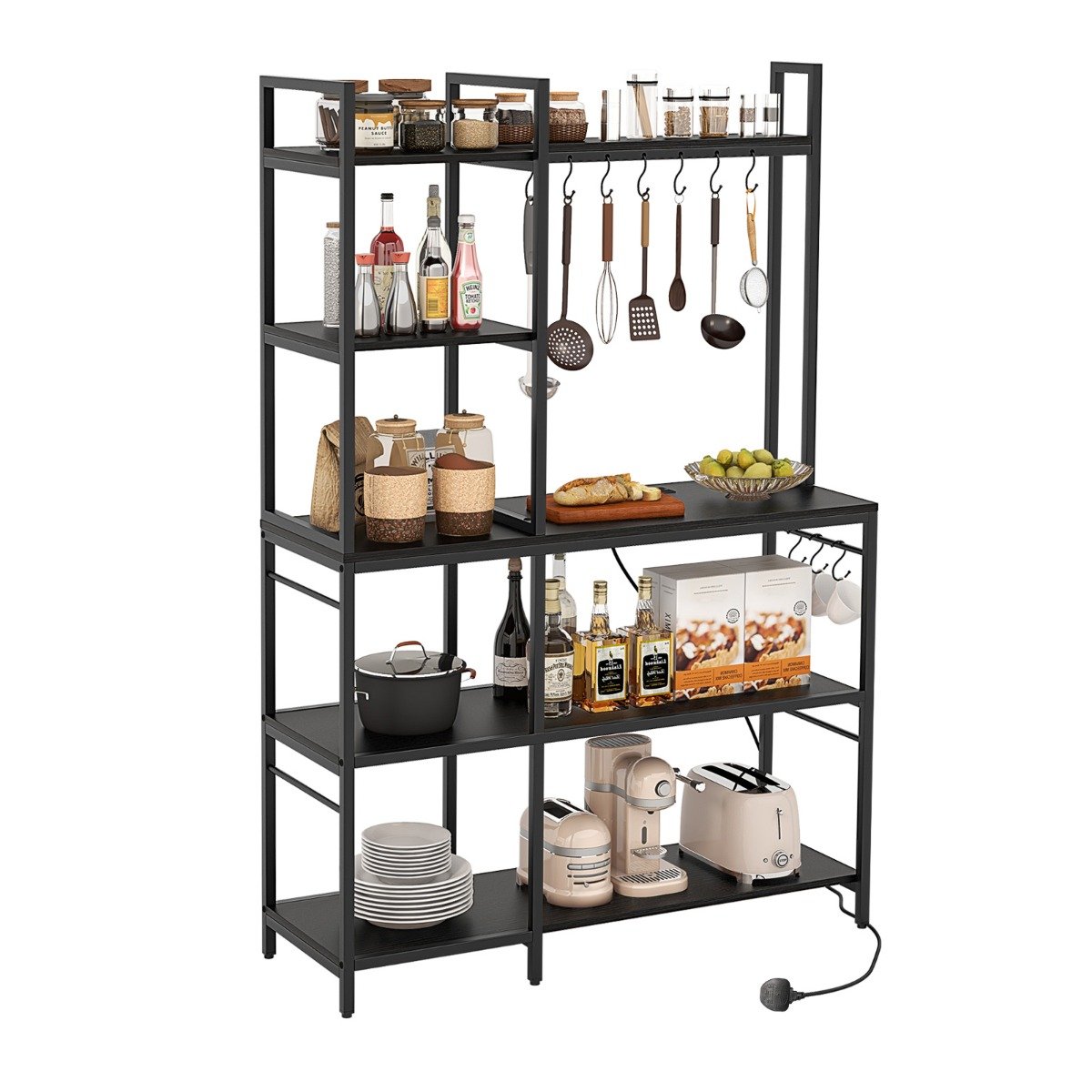 DADAEN Bakers Rack with Power Outlets and 10 S-Shaped Hooks-Black - Savings Store