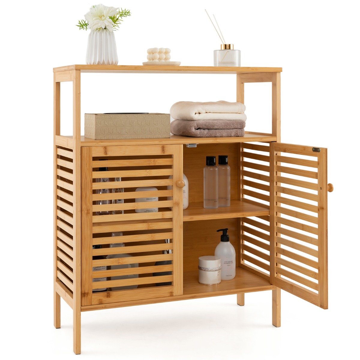 Sideboard - Bamboo Storage Cabinet with Double Louvered Doors-Natural - Savings Store