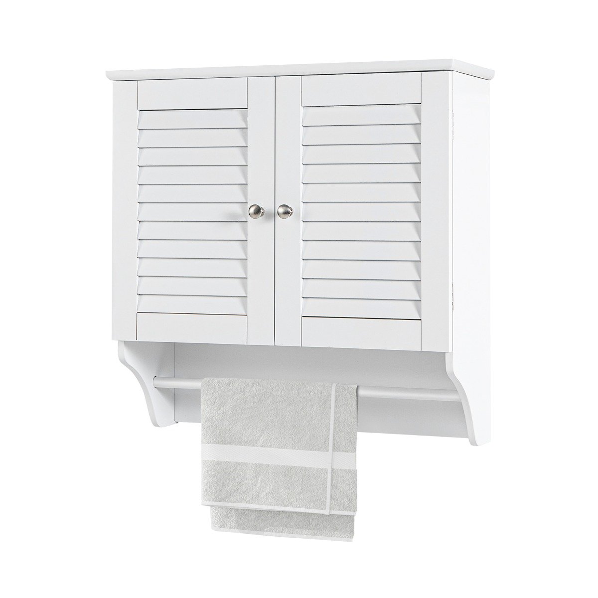 Wall Mounted Double Louvered Doors Storage Cabinet with Height Adjustable Shelf and Towels Bar-White - Savings Store