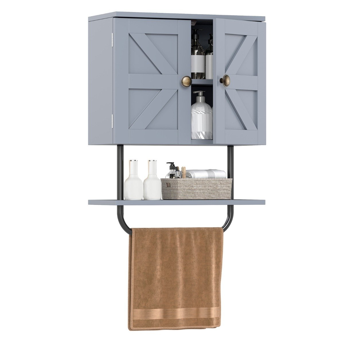 REVEOV Bathroom Wall Cabinet with Double Door and Open Shelf and Towel Rack-Grey - Savings Store