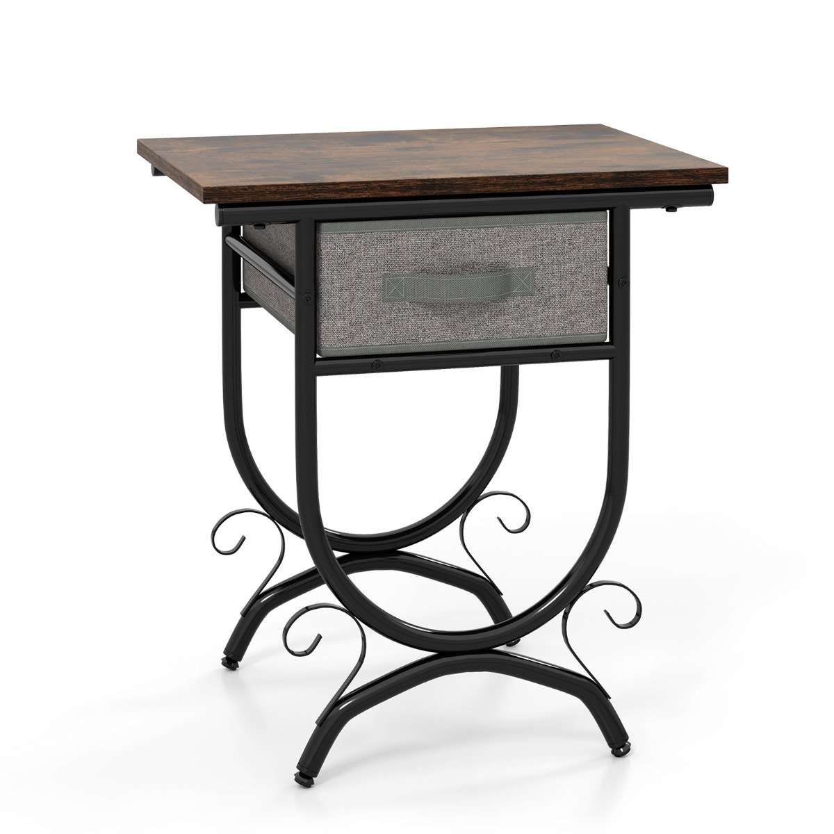 2-Tier Industrial Bedside Table with Fabric Drawer and Wood Top - Savings Store