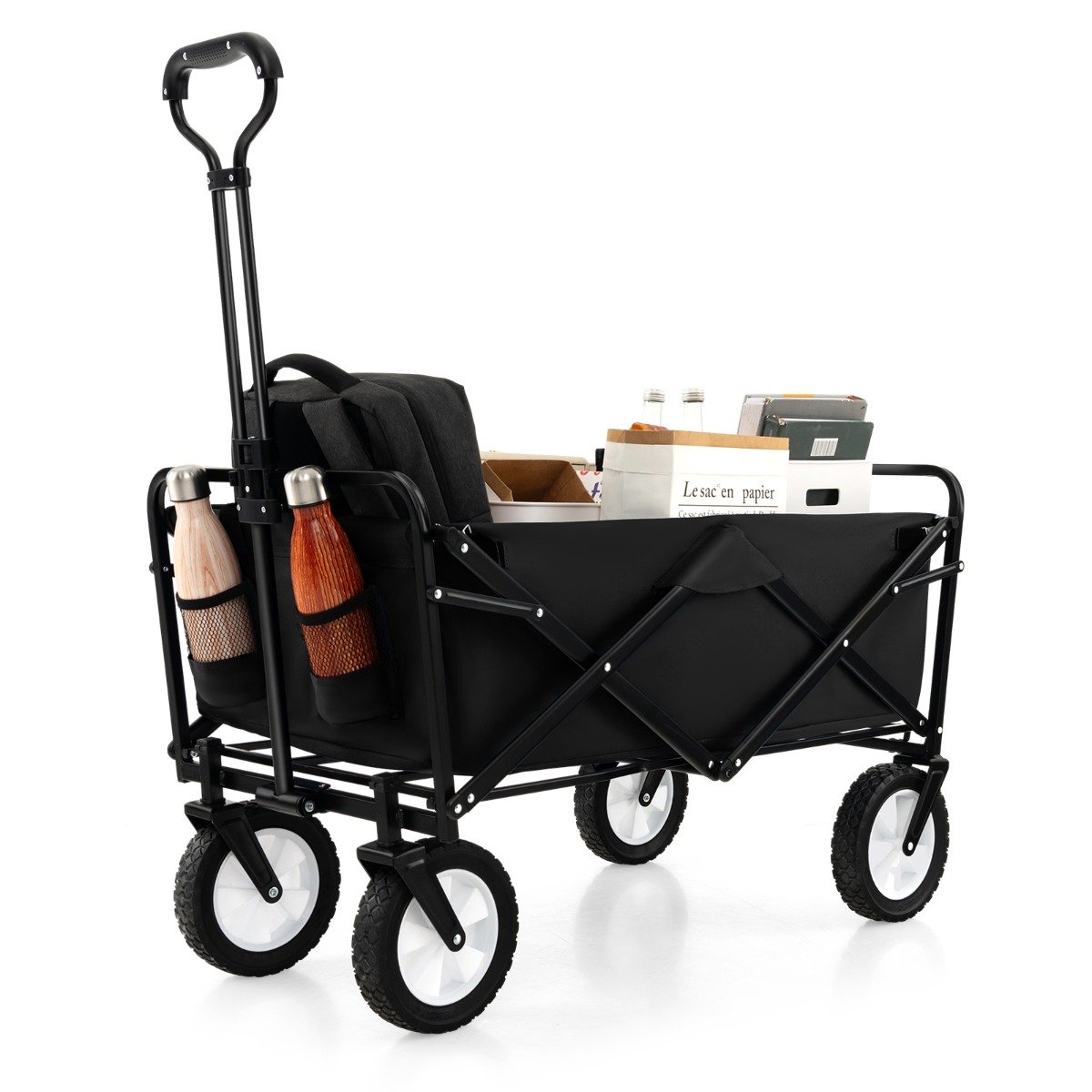 Camp Furniture - Heavy Duty Camping Garden Cart with Adjustable Handle and Drink Holders-Black - Savings Store