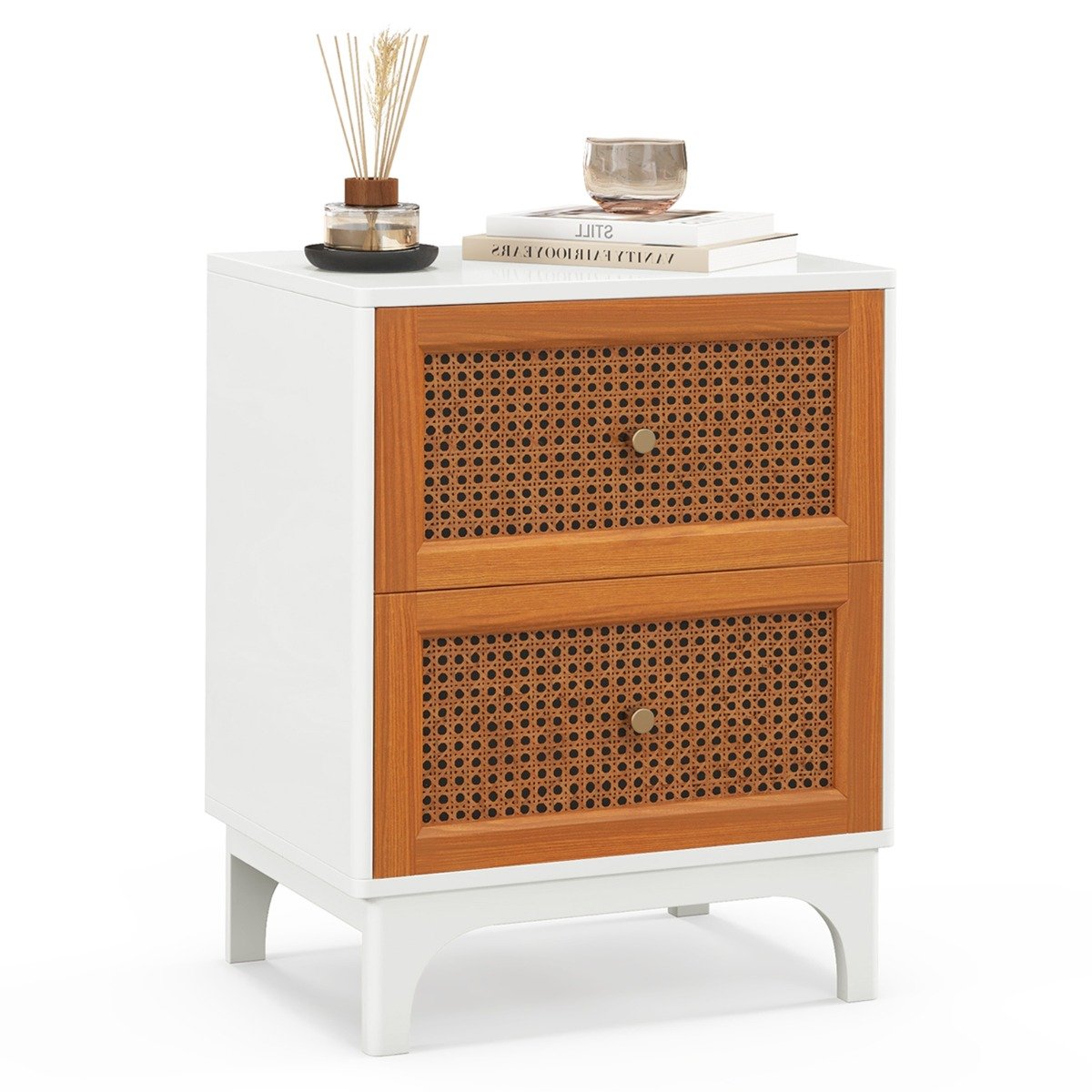Side Table - Boho Accent Table with 2 Handwoven Rattan Decorated Drawers-White - Savings Store