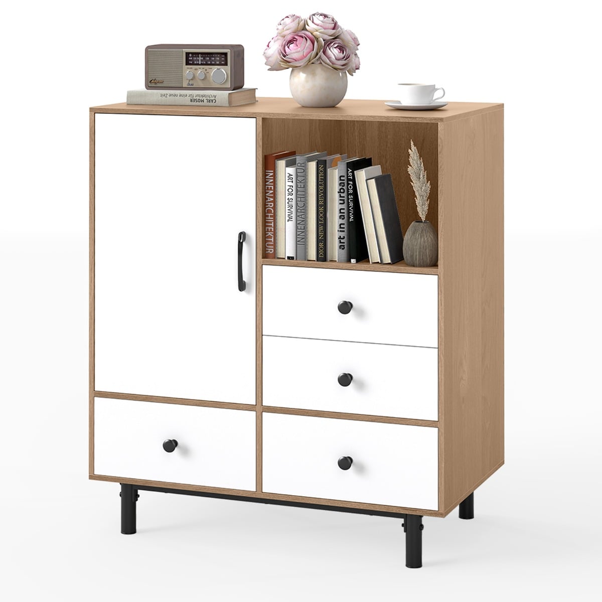 FAIRVELL Buffet Sideboard Mid Century Modern Storage Cabinet with 4 Drawers-Natural - Savings Store