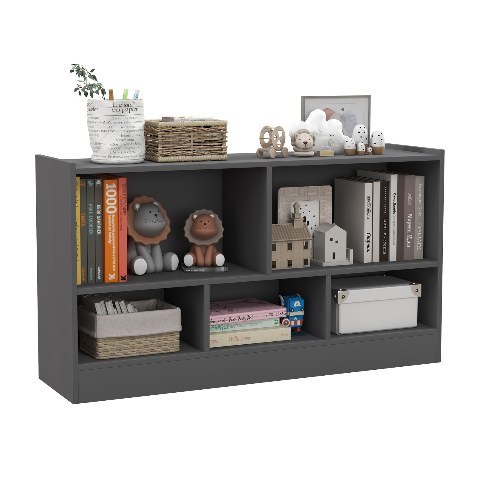 2-Tier Wooden Kids Bookcase with 5 Compartments for Playroom Study - Grey - Savings Store