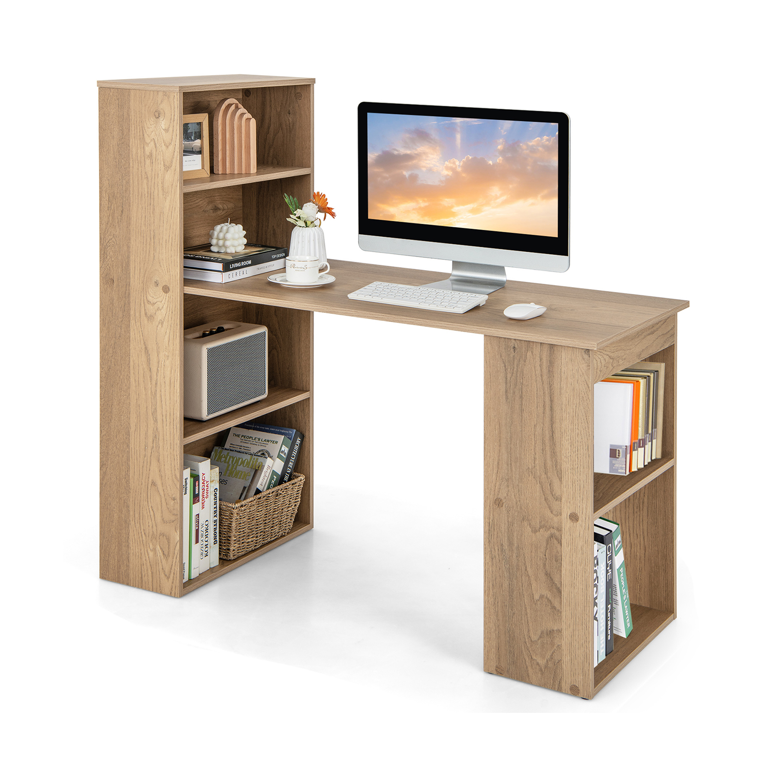 Modern 3-in-1 Wooden Computer Desk with 6-Tier Storage Bookshelves-Natural - Savings Store