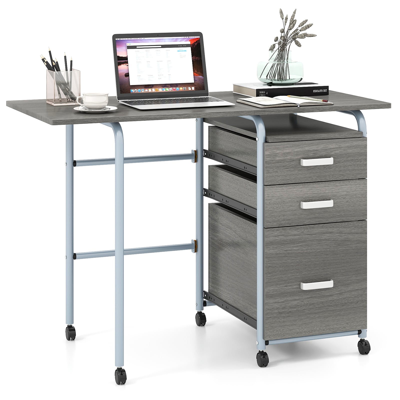 Folding Computer Desk with Rolling Wheels and 3 Drawers for Home Office-Grey - Savings Store