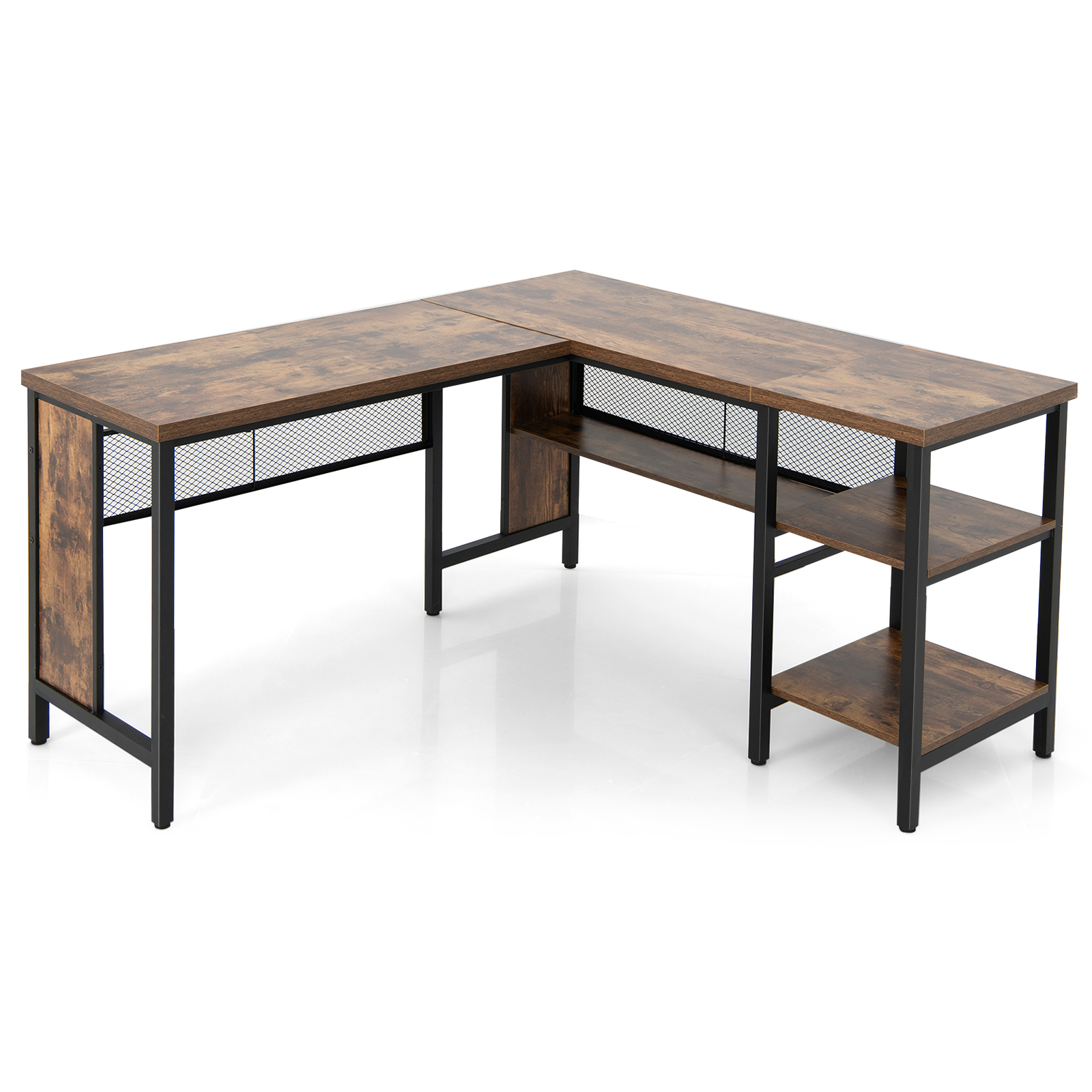150 x 140 x 75cm Large Corner L-Shaped Computer Desk with 3 Storage Shelves-Rustic Brown - Savings Store