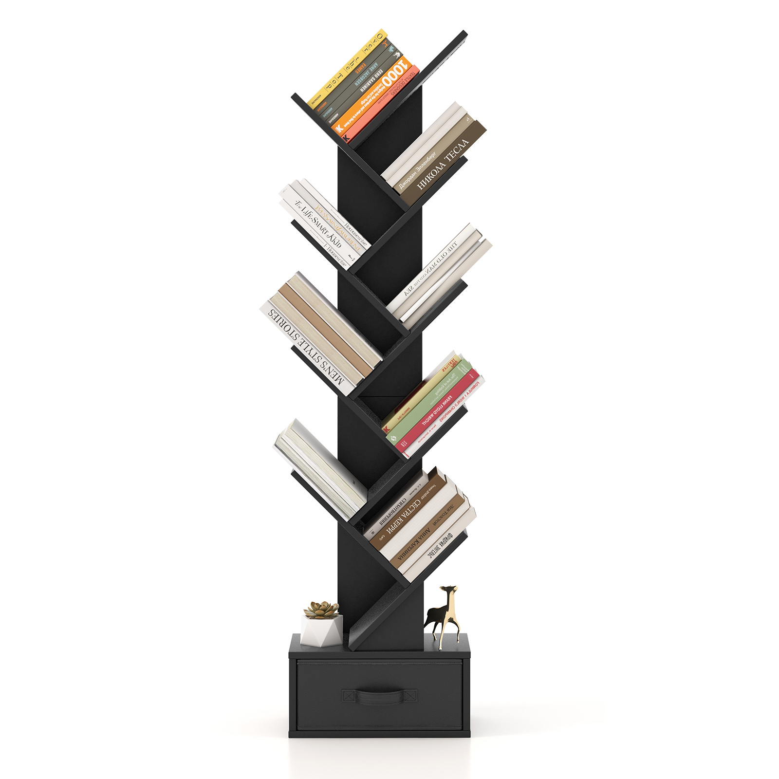 10-Tier Freestanding Tree Bookshelf with Drawer-Black - Savings Store
