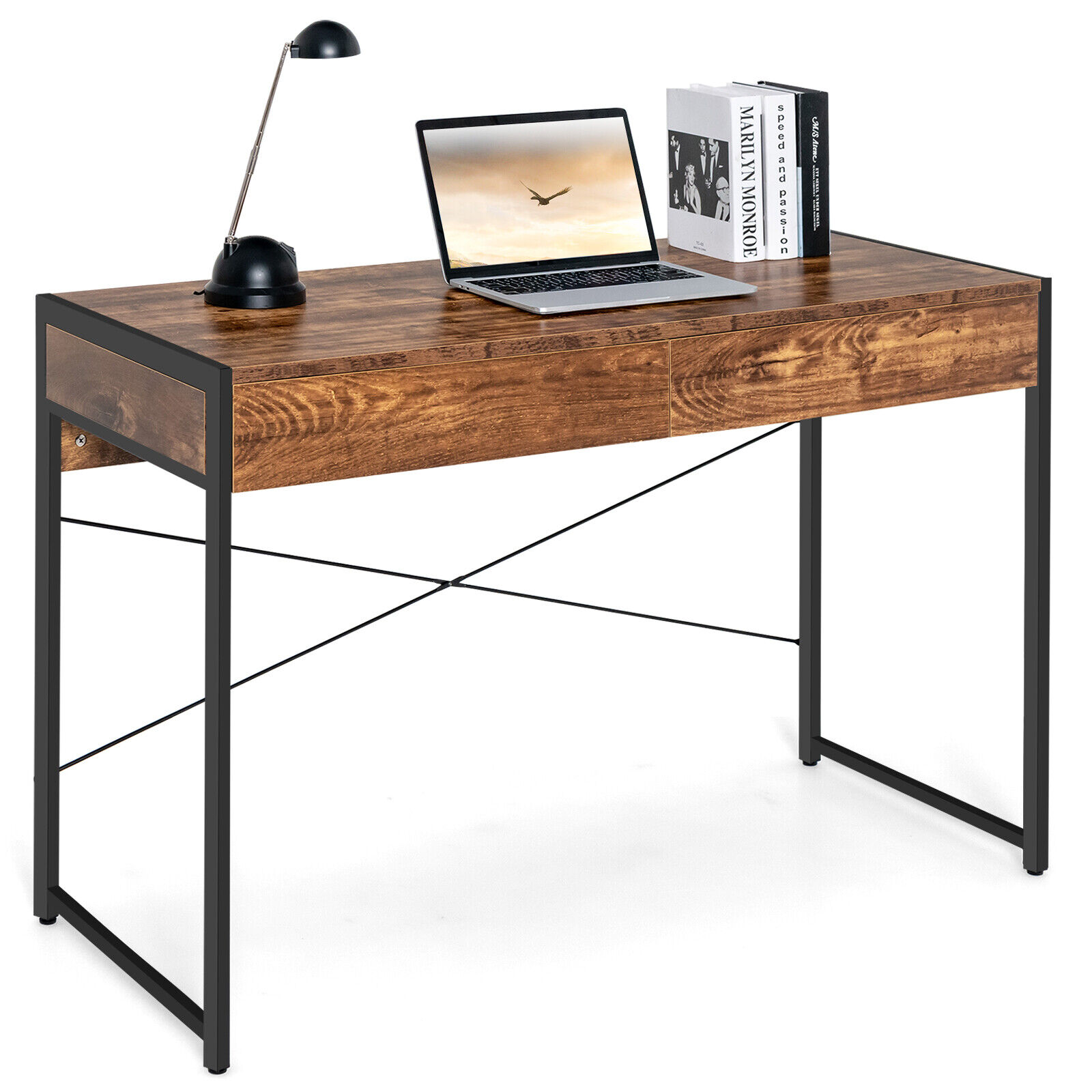 112 x 48 x 76cm Wooden Study Computer Desk with 2 Drawers-Rustic Brown - Savings Store