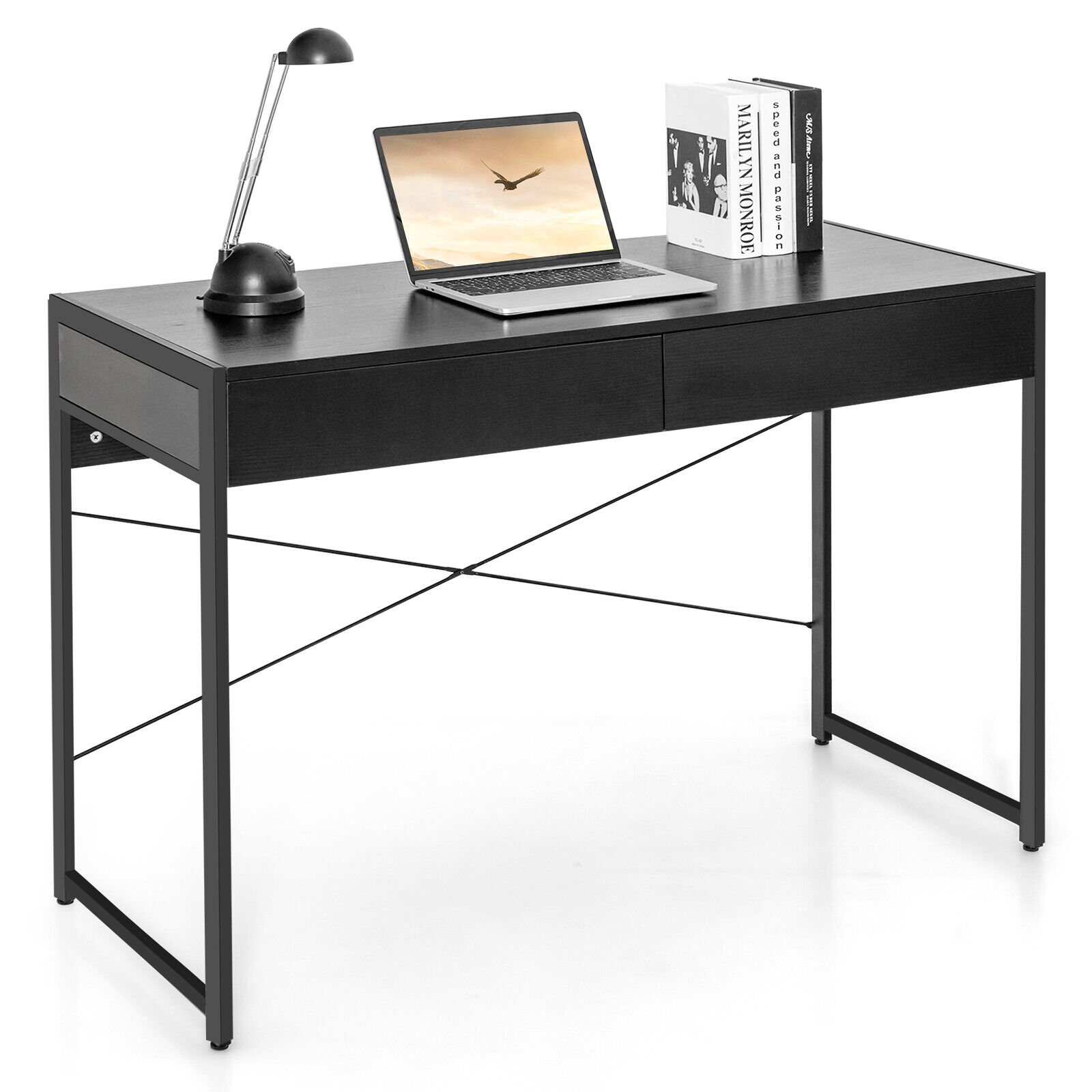 112 x 48 x 76cm Wooden Study Computer Desk with 2 Drawers-Black - Savings Store
