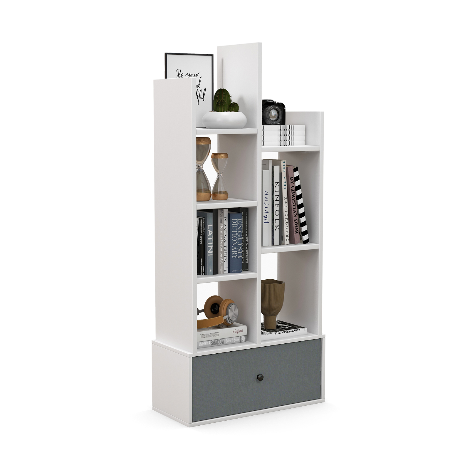 7-Tier Wooden Bookshelf with Folding Drawer for Study Living Room-White - Savings Store