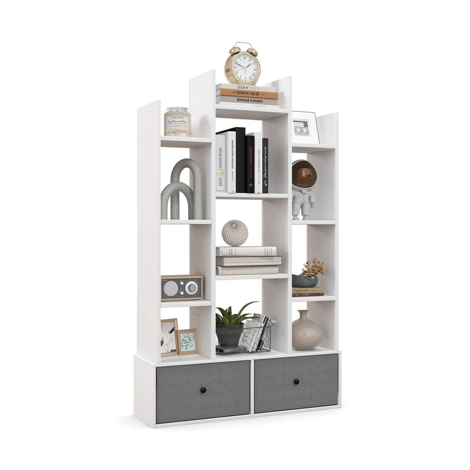 Bookcase - 12-Tier Wooden Bookshelf with Folding Drawer for Study Living Room-White - Savings Store