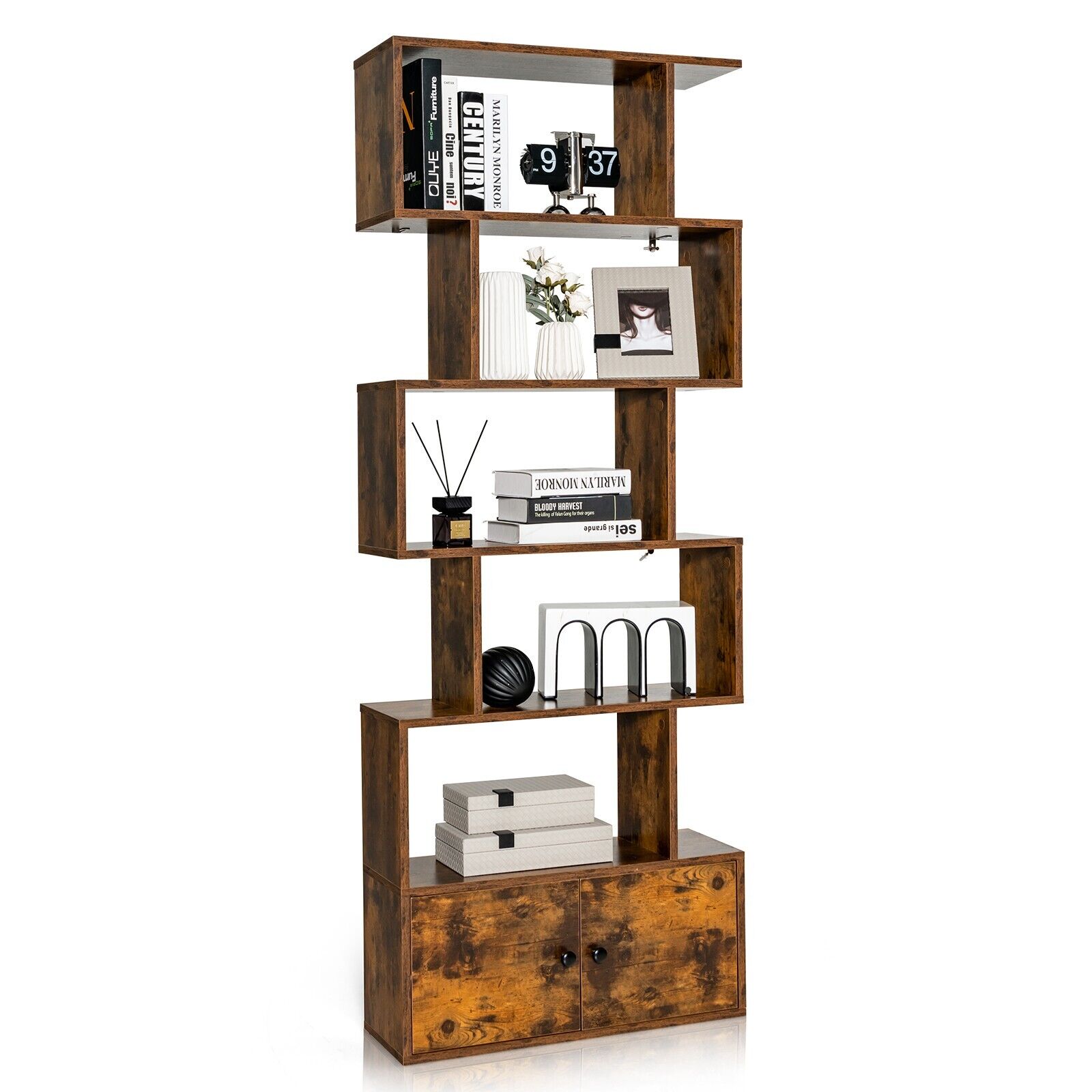 Bookcase - Industrial S-Shaped 5-tier Bookcase with Cabinet-Rustic Brown - Savings Store