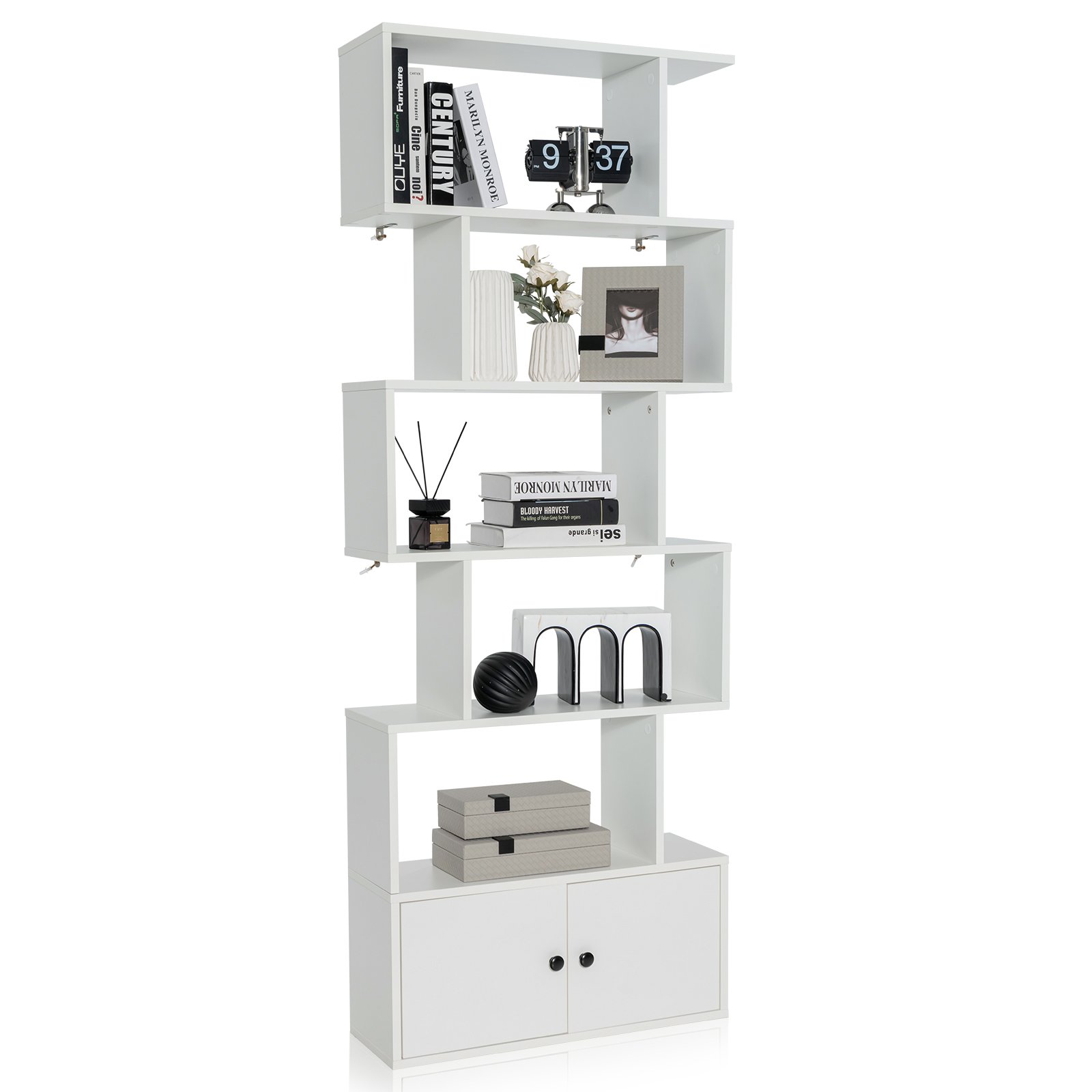 Bookcase - Industrial S-Shaped 5-tier Bookcase with Cabinet-White - Savings Store