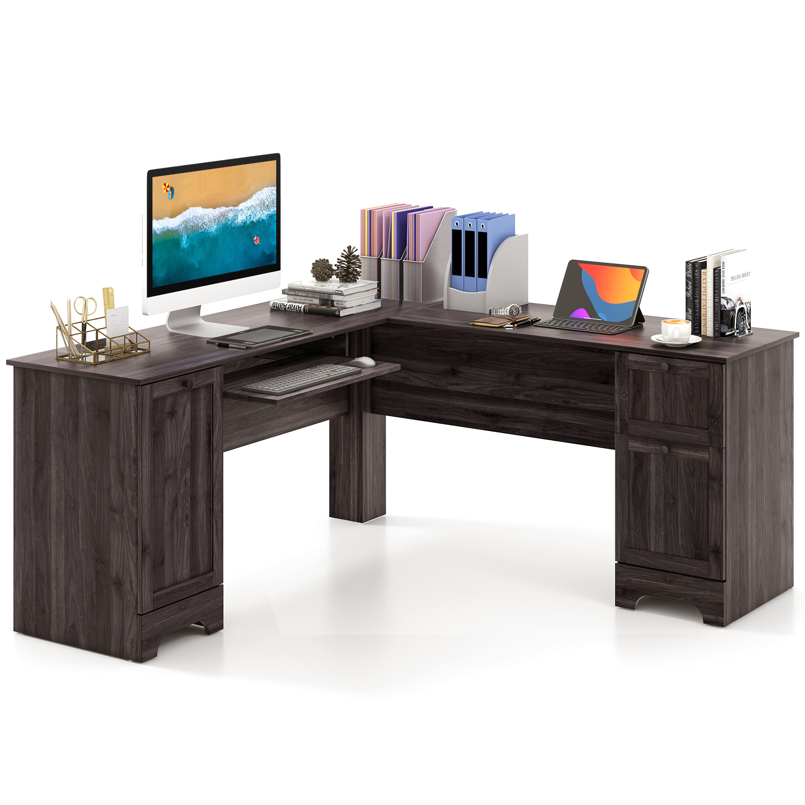 L-Shaped Corner Computer Desk with Drawers and Keyboard Tray-Dark Brown - Savings Store