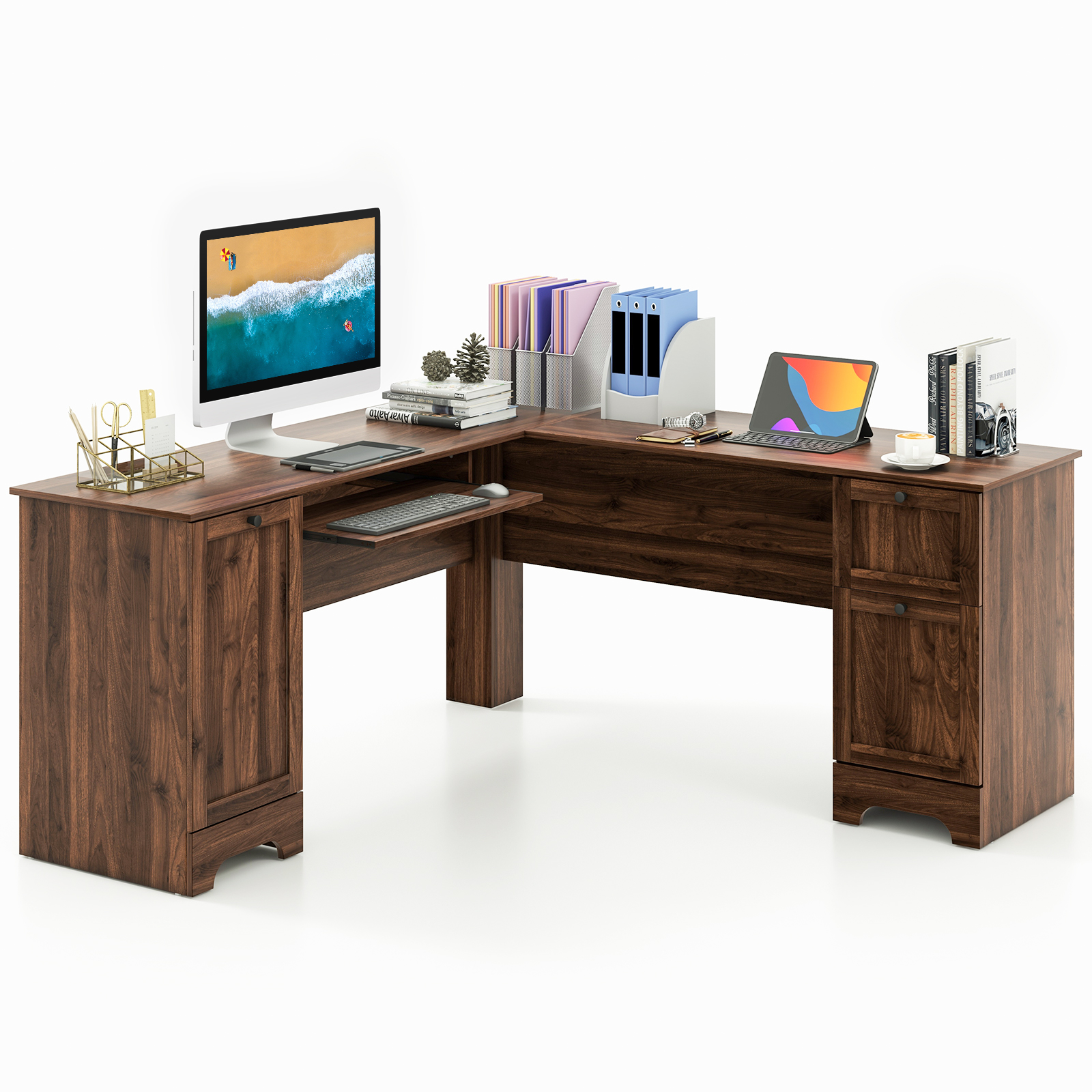 L-Shaped Corner Computer Desk with Drawers and Keyboard Tray-Walnut - Savings Store