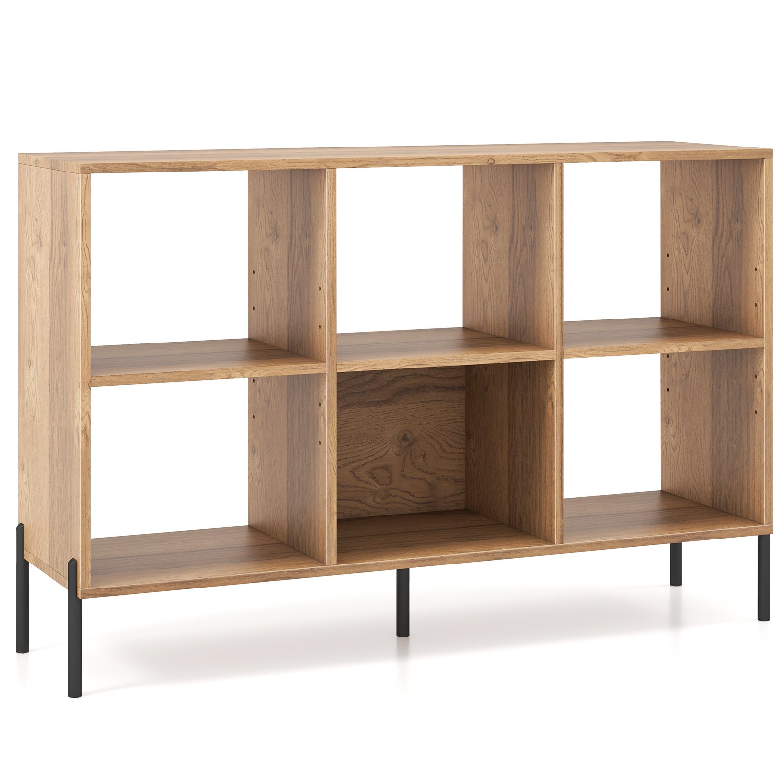 Bookcase - Open-Back Wood Bookshelf Storage Rack with 6 Compartments-Natural - Savings Store