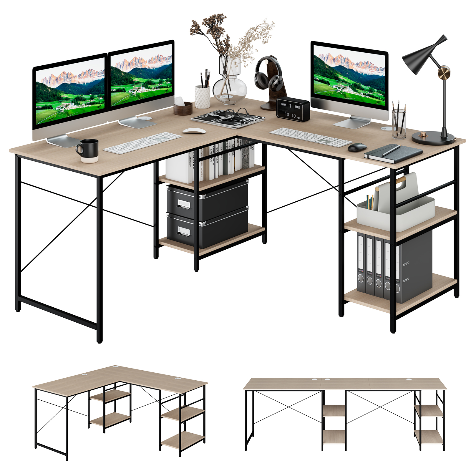 Wooden Industrial L-Shaped Desk with Storage Shelves-Natural - Savings Store