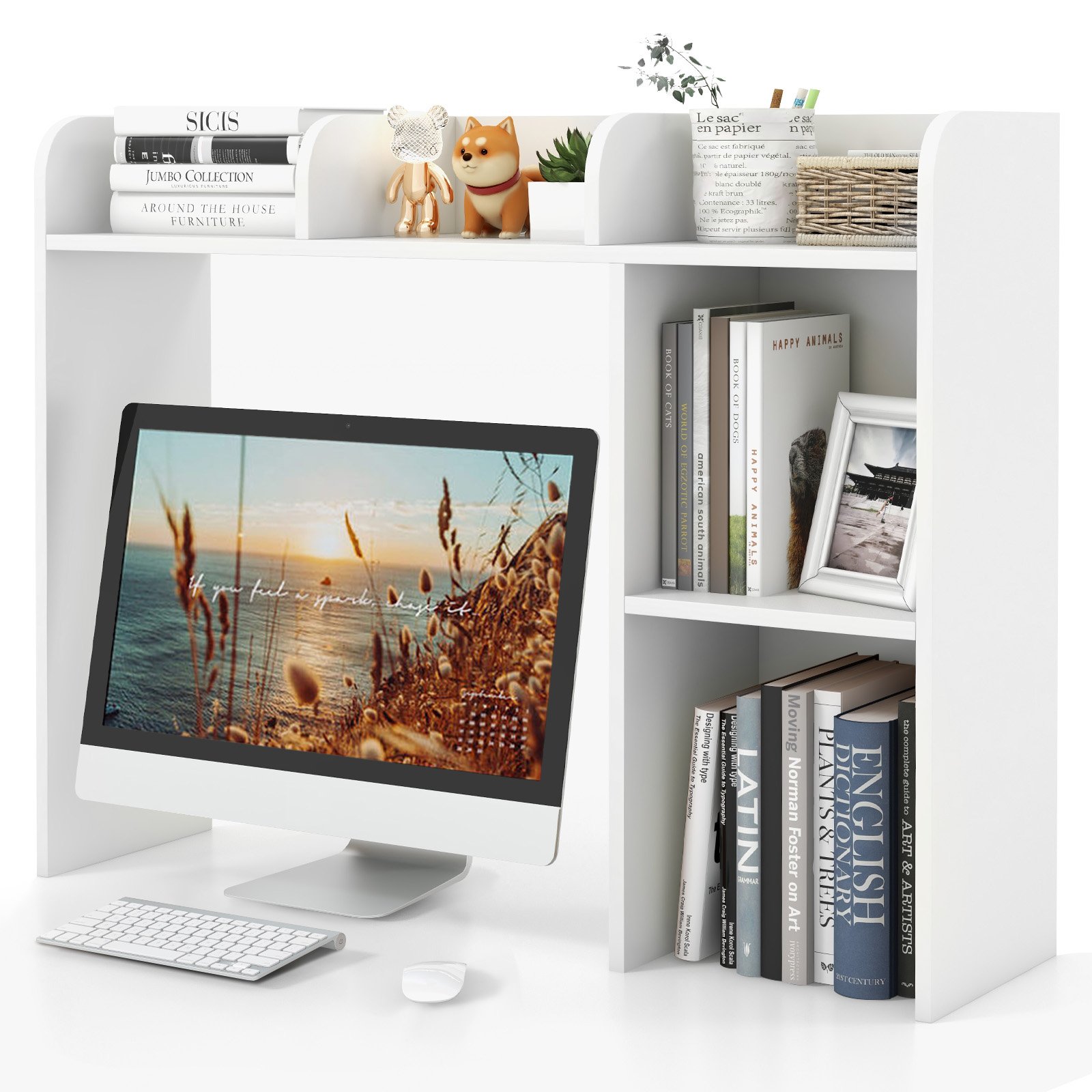 Bookcase - Wooden Desk Bookshelf with 4 Shelves and Open Back Compartment-White - Savings Store