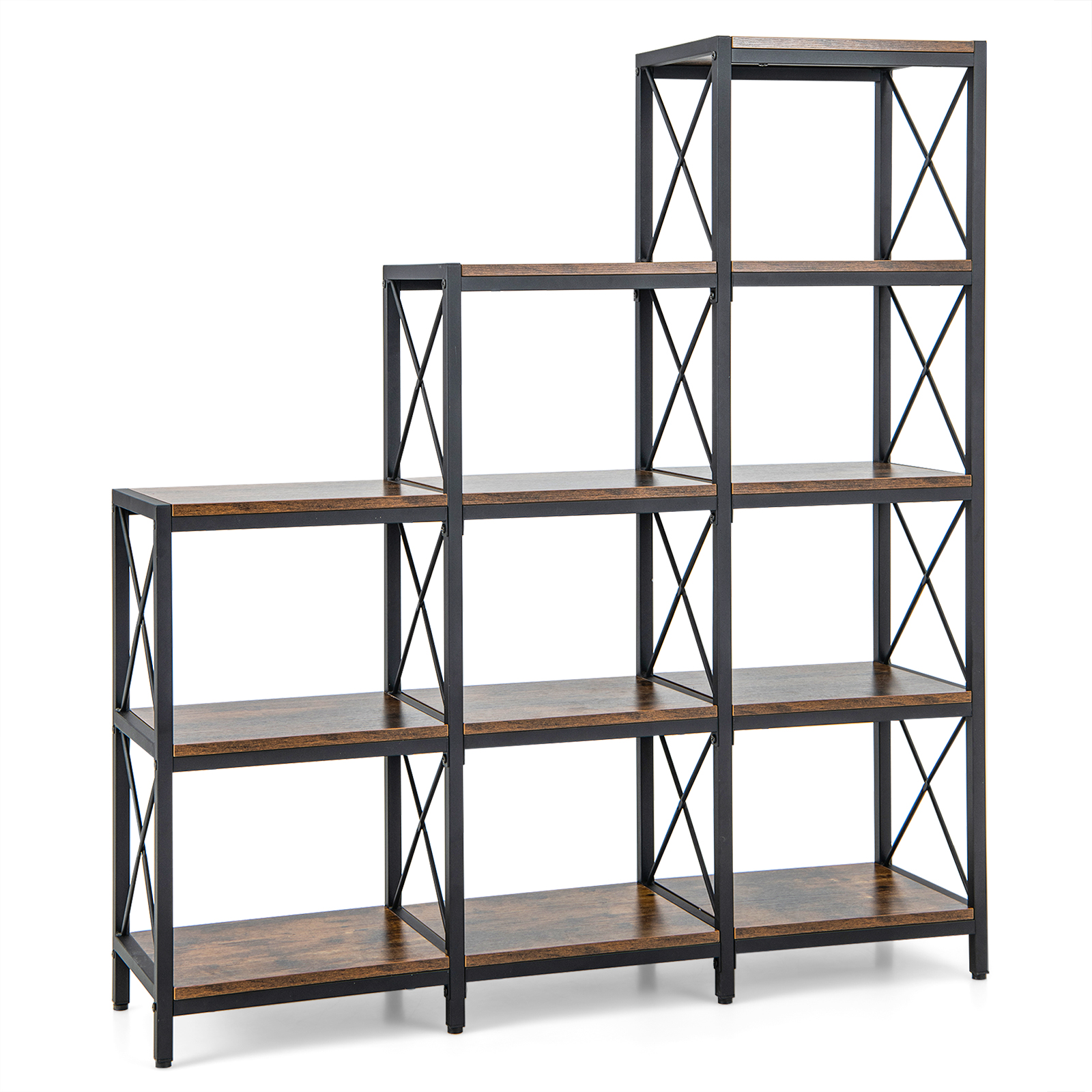 5-Tier Bookshelf 9 Cubes Bookcase with Carbon Steel Frame-Rustic Brown - Savings Store