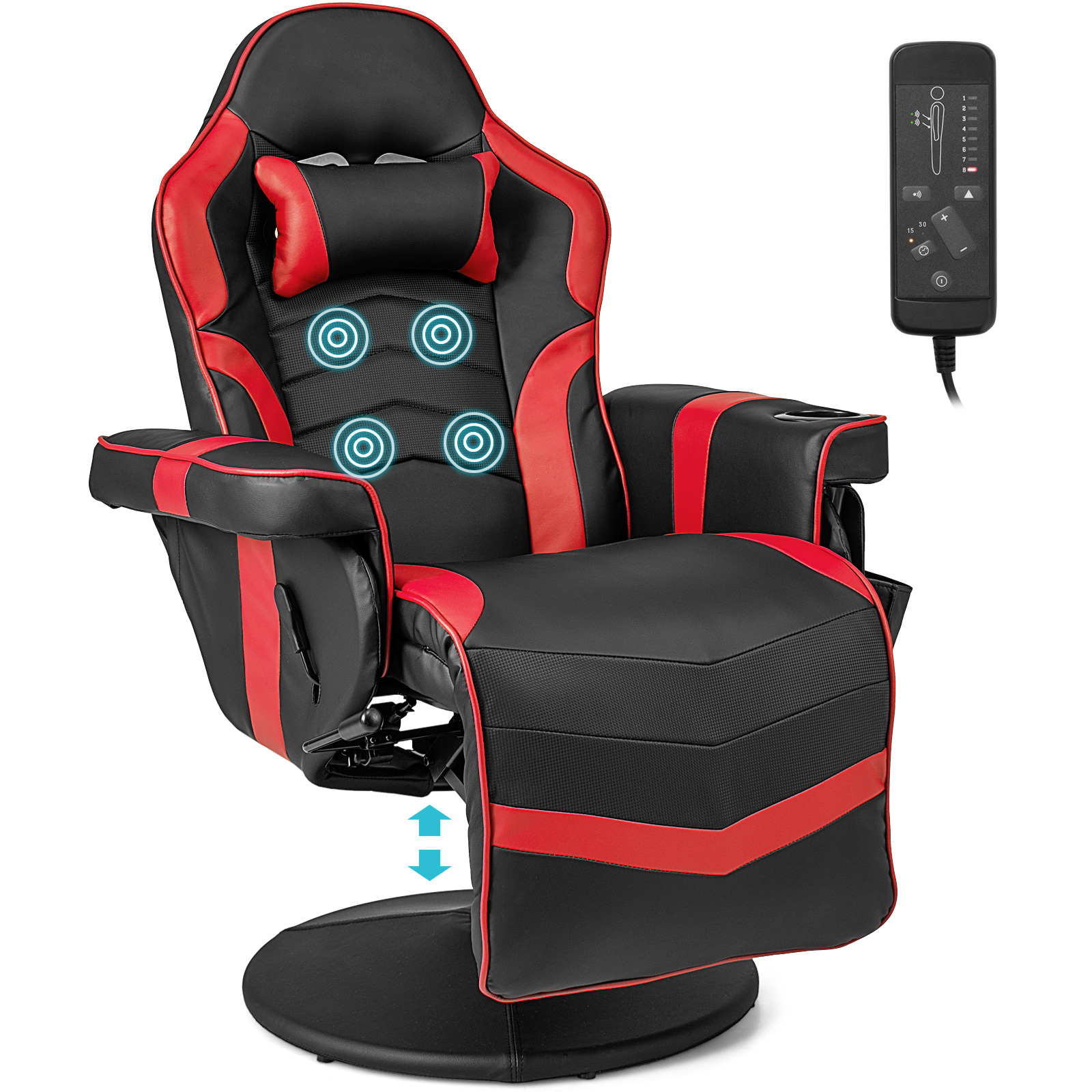 Electric Massage Gaming Chair with Cup Holder and Side Pouch-Red - Savings Store