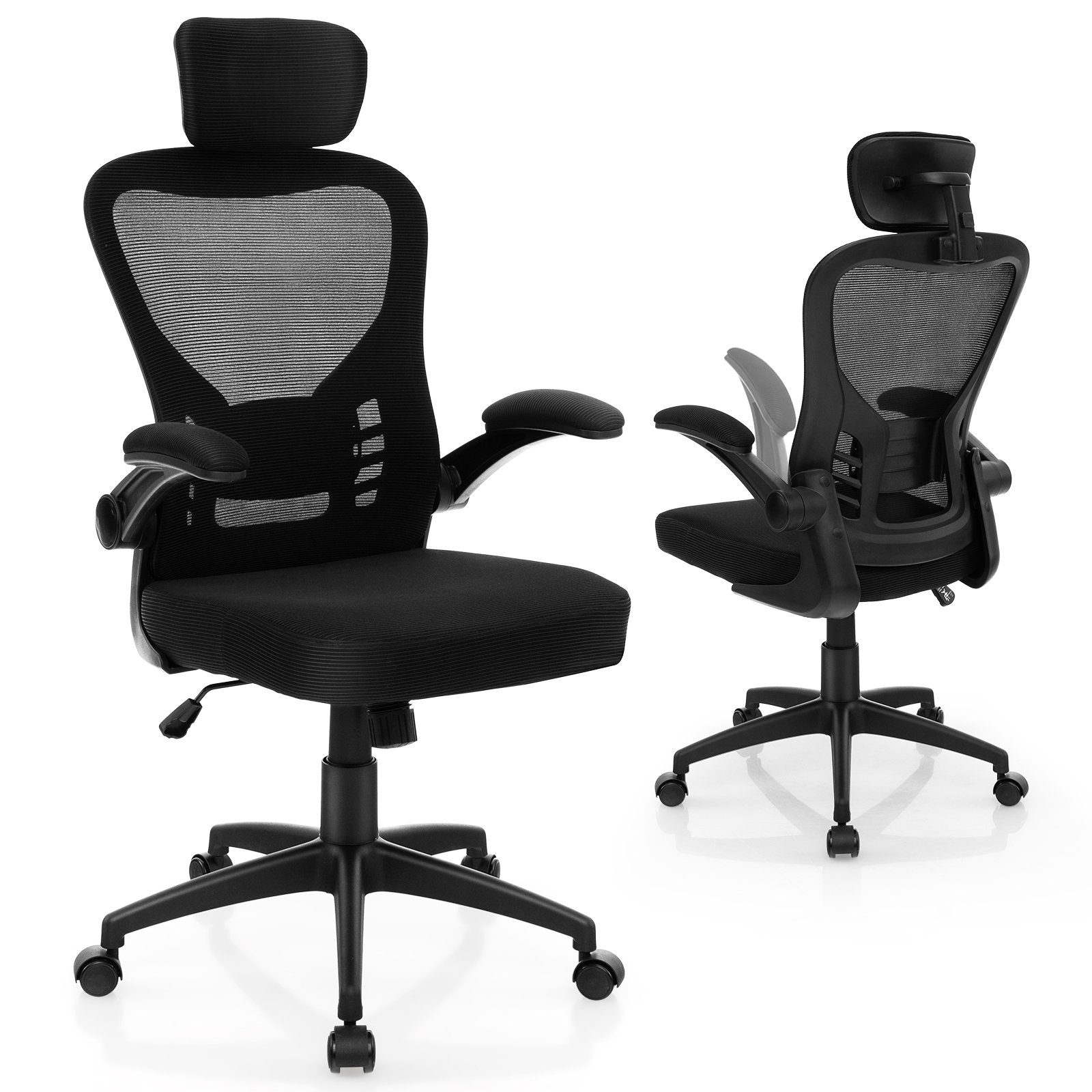 Office Chair - Ergonomic Mesh Office Chair with Adjustable Headrest and Height Black 66cm - Savings Store