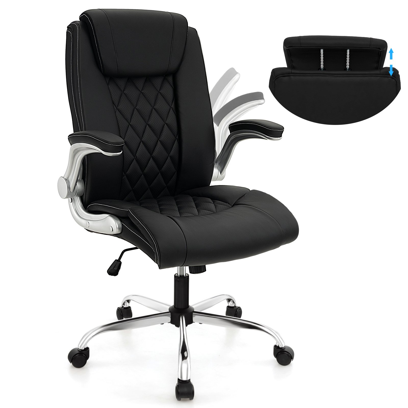 Office Chair - Height Adjustable PU Leather Office Chair with 6level Headrest Black 71cm - Savings Store