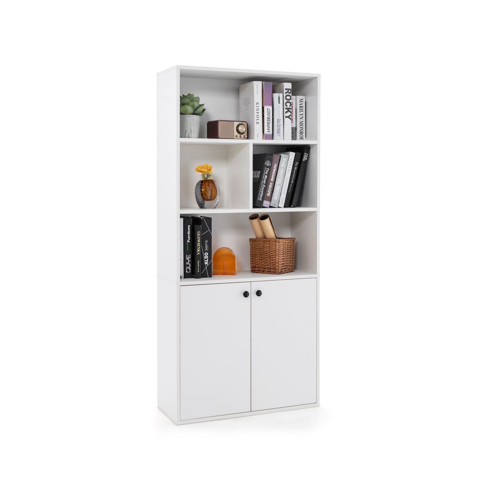 Bookcase - 155 CM 5-Tier Bookcase Tall Bookshelf with Double Doors and Open Cubes-White - Savings Store