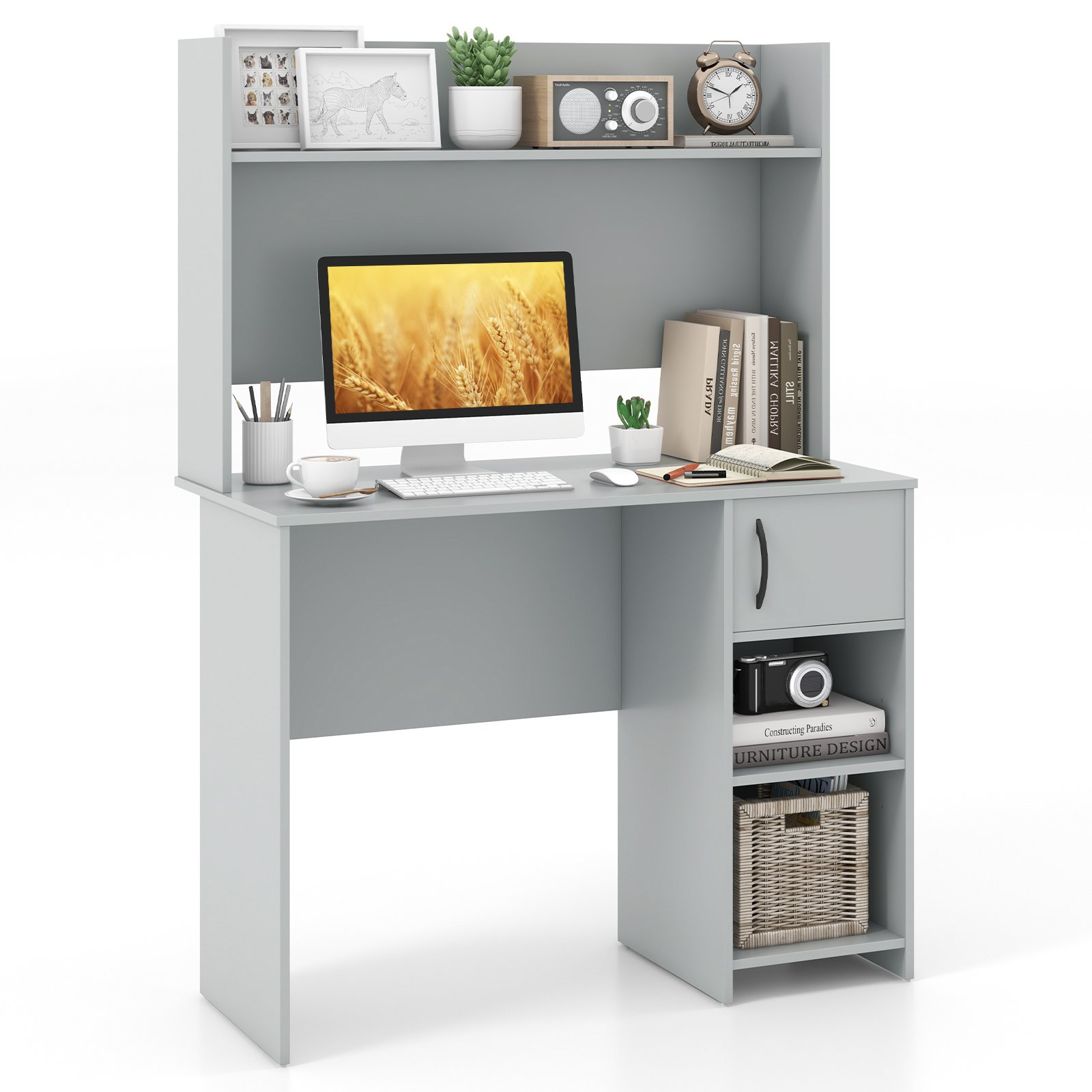 Computer Desk - Computer Desk with Hutch and 2 Open Shelves Grey 106cm - Savings Store
