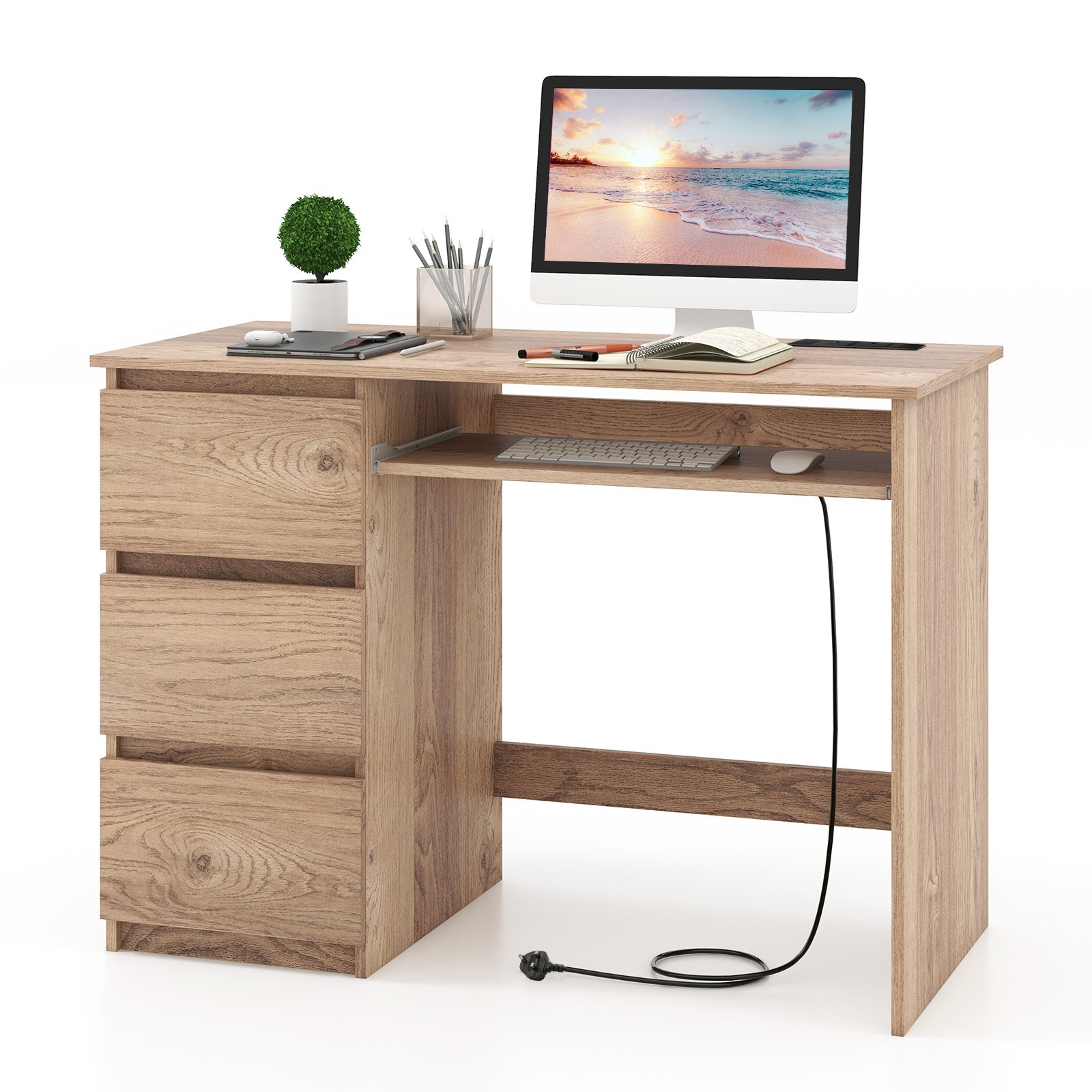 Computer Desk with Power Outlet and 3 Large Drawers-Natural - Savings Store