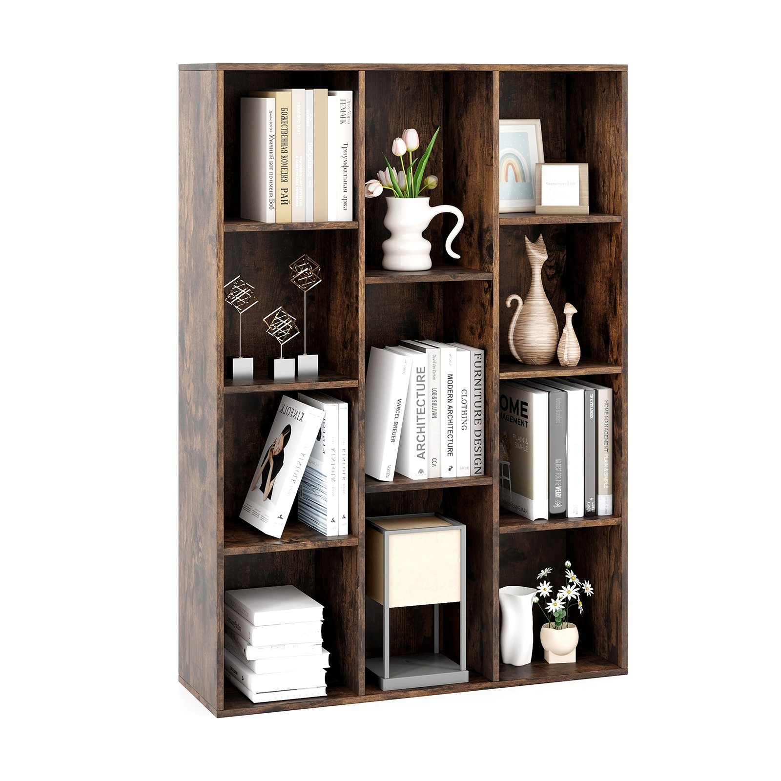 Bookcase - 11-Cube Bookcase Modern Geometric Bookshelf with Anti-tipping Kits-Rustic Brown - Savings Store