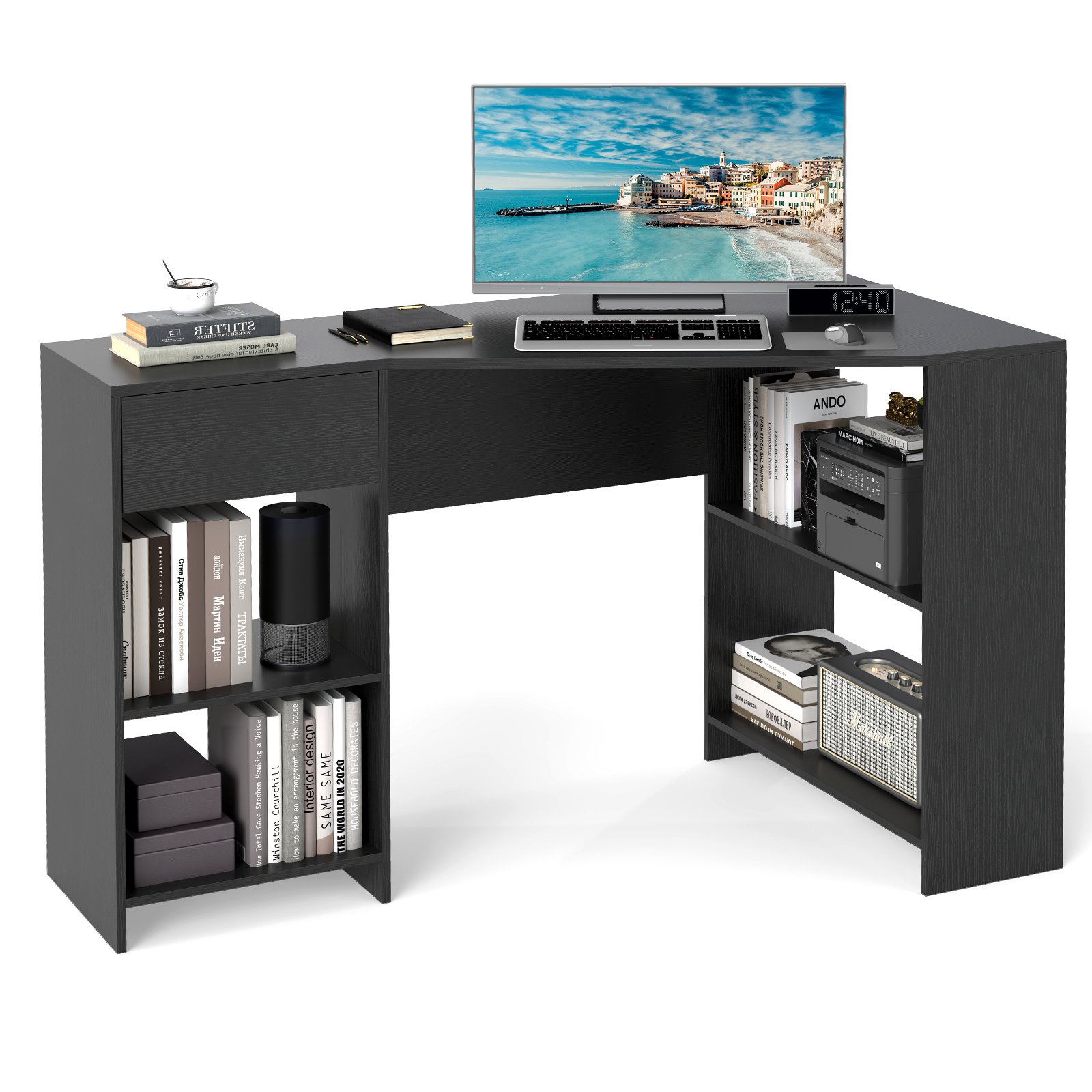ANVE L-Shaped Computer Desk with Storage and Open Shelves for Living Room Bedroom-Black - Savings Store