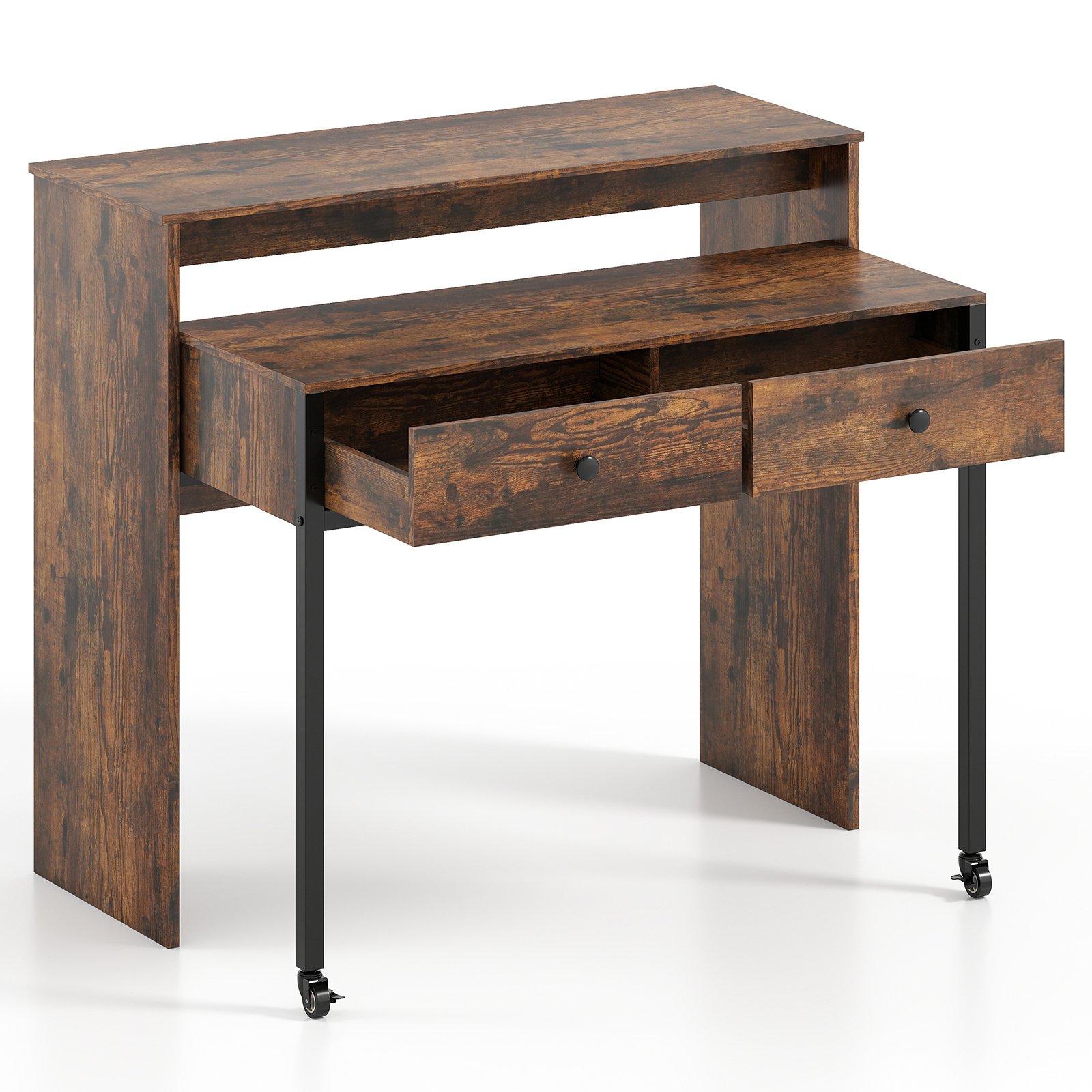 CAARNO Extendable Computer Desk with 2 Storage Drawers Convertible Home Office Desk -Rustic Brown - Savings Store
