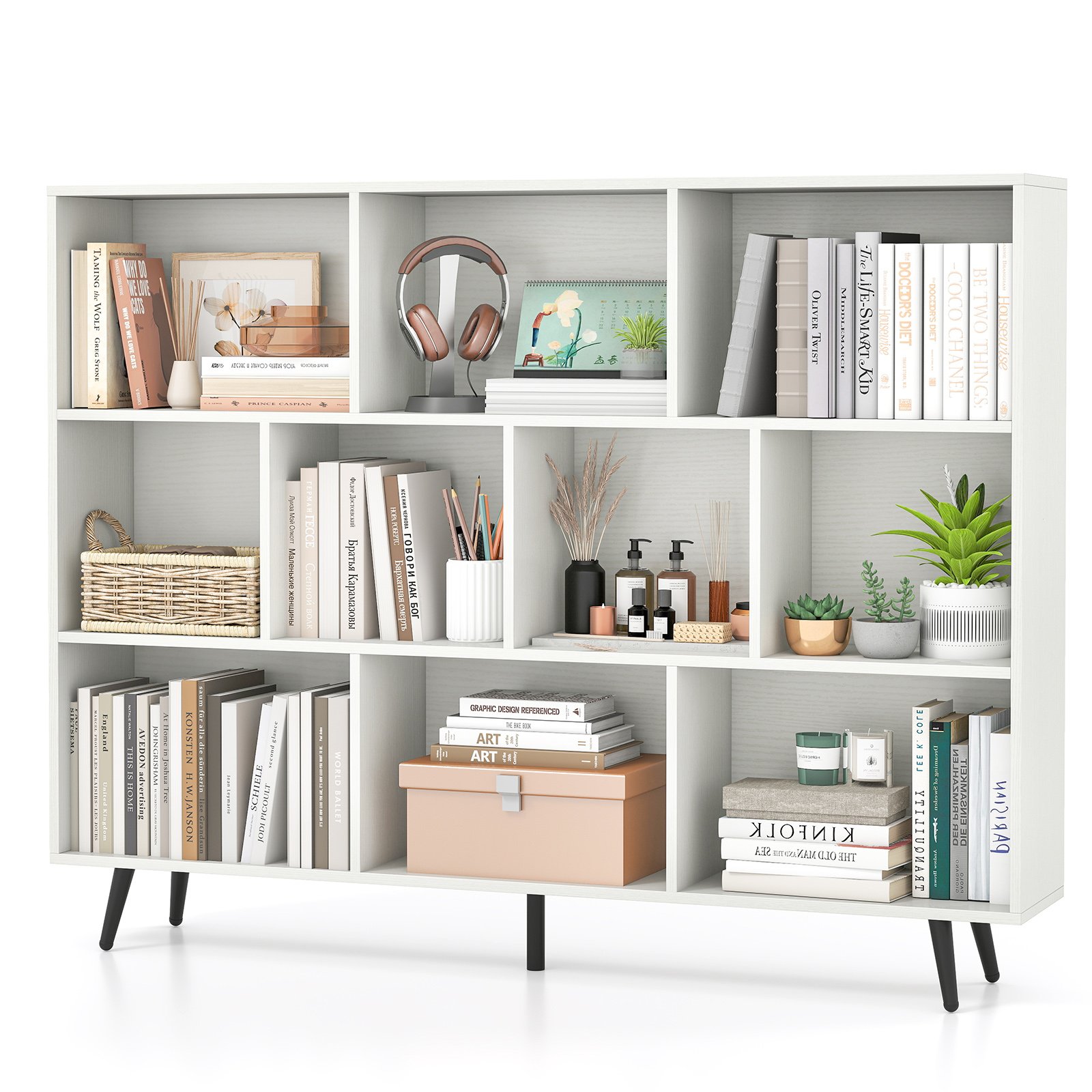 BRILLOSA 10-Cube Bookcase 140 CM Storage Organizer with 5 Tapered Metal Legs-White - Savings Store