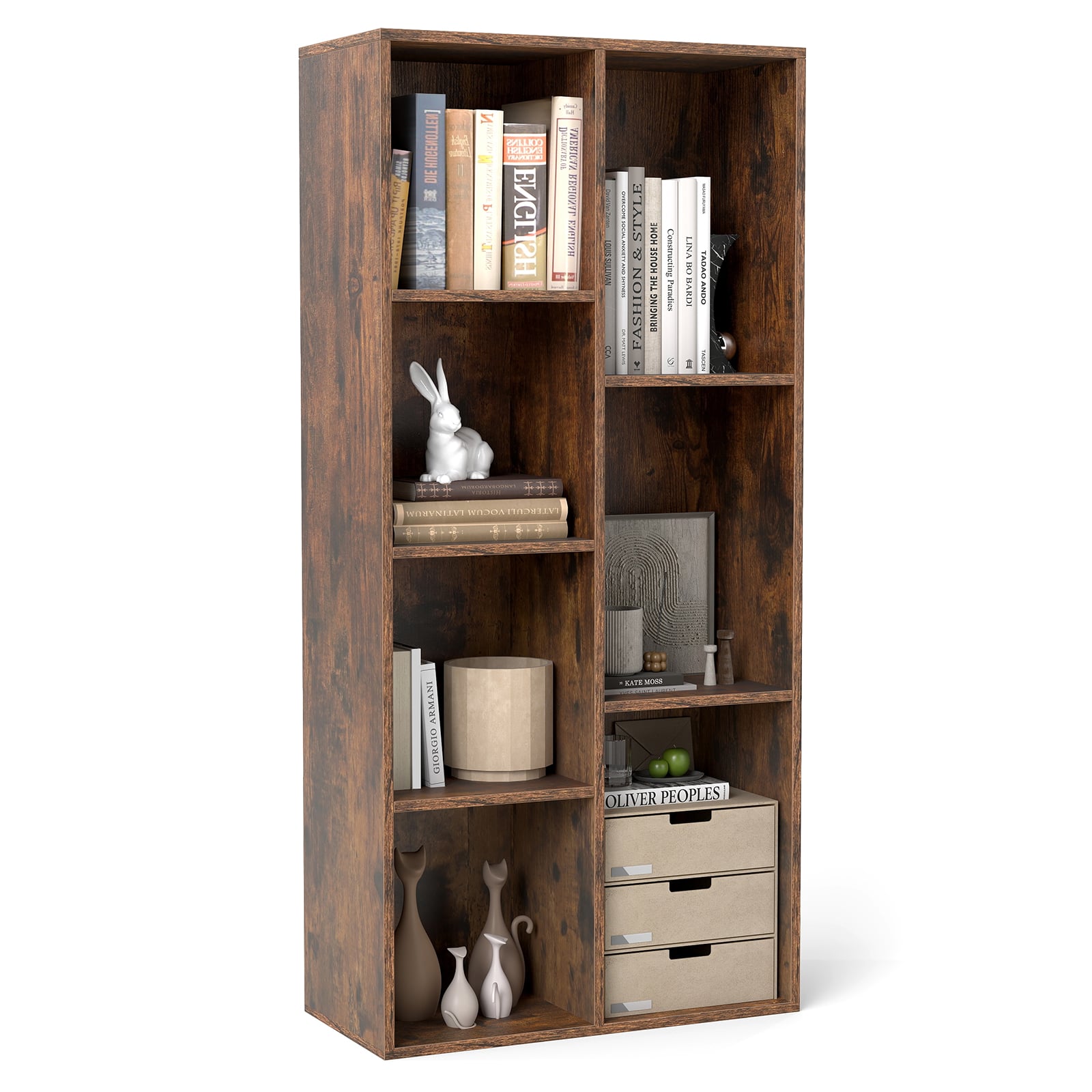WVION Vertical or Horizontal Freestanding Bookshelf with 7 Compartments-Rustic Brown - Savings Store