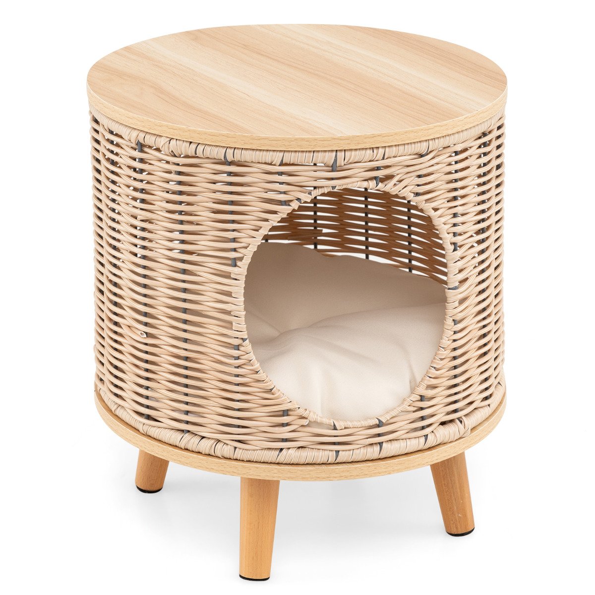 Cat House with Breathable Rattan Frame and Rubber Wood Legs-Beige - Savings Store