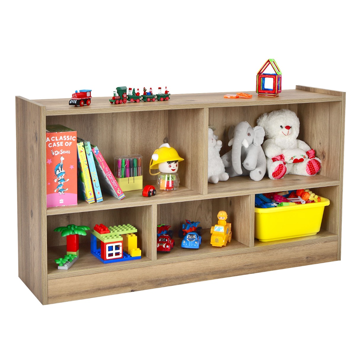 Wooden Storage Bookcase with 2 Tiers and 5 Cubes - Natural - Savings Store