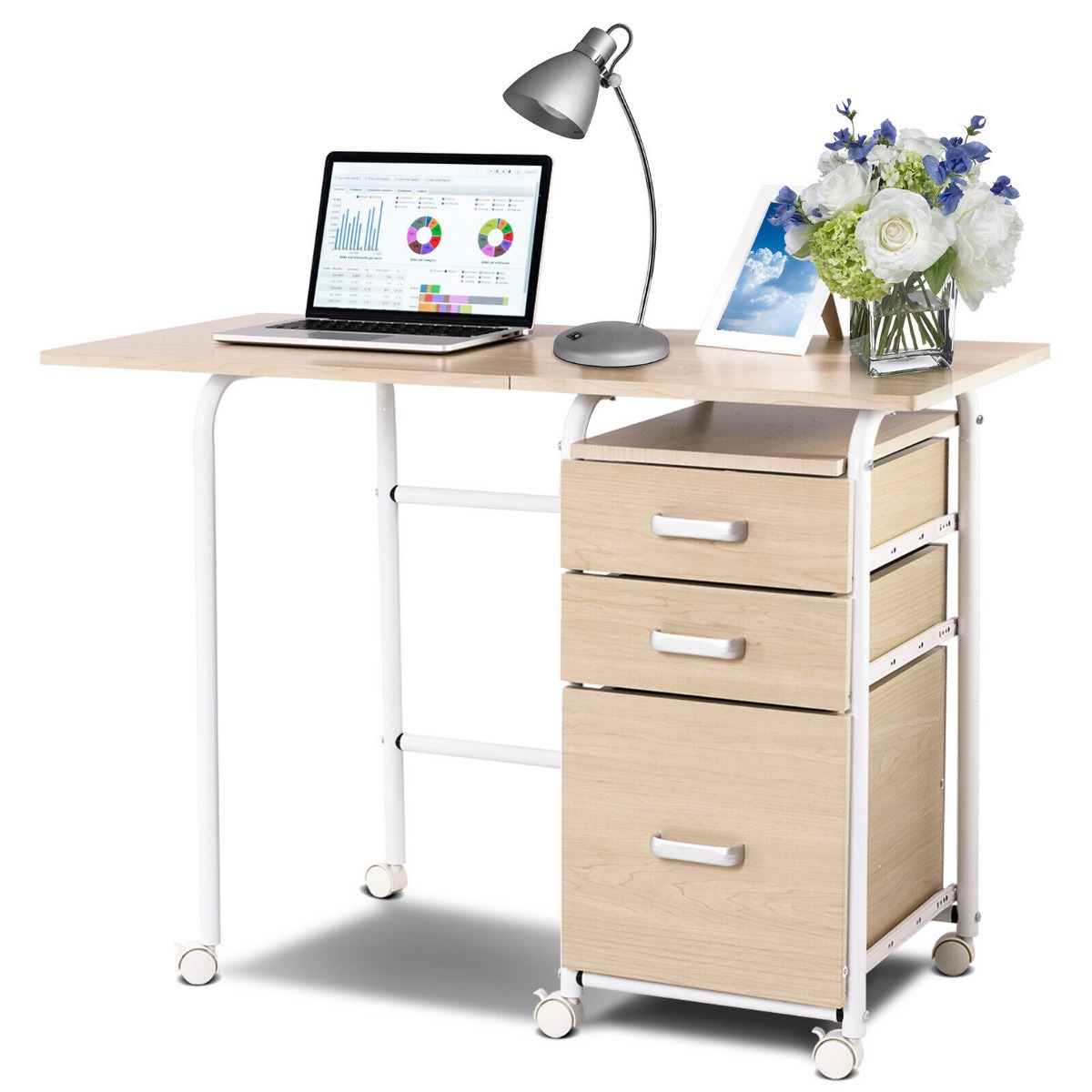 Folding Computer Desk with Rolling Wheels and 3 Drawers for Home Office-Natural - Savings Store