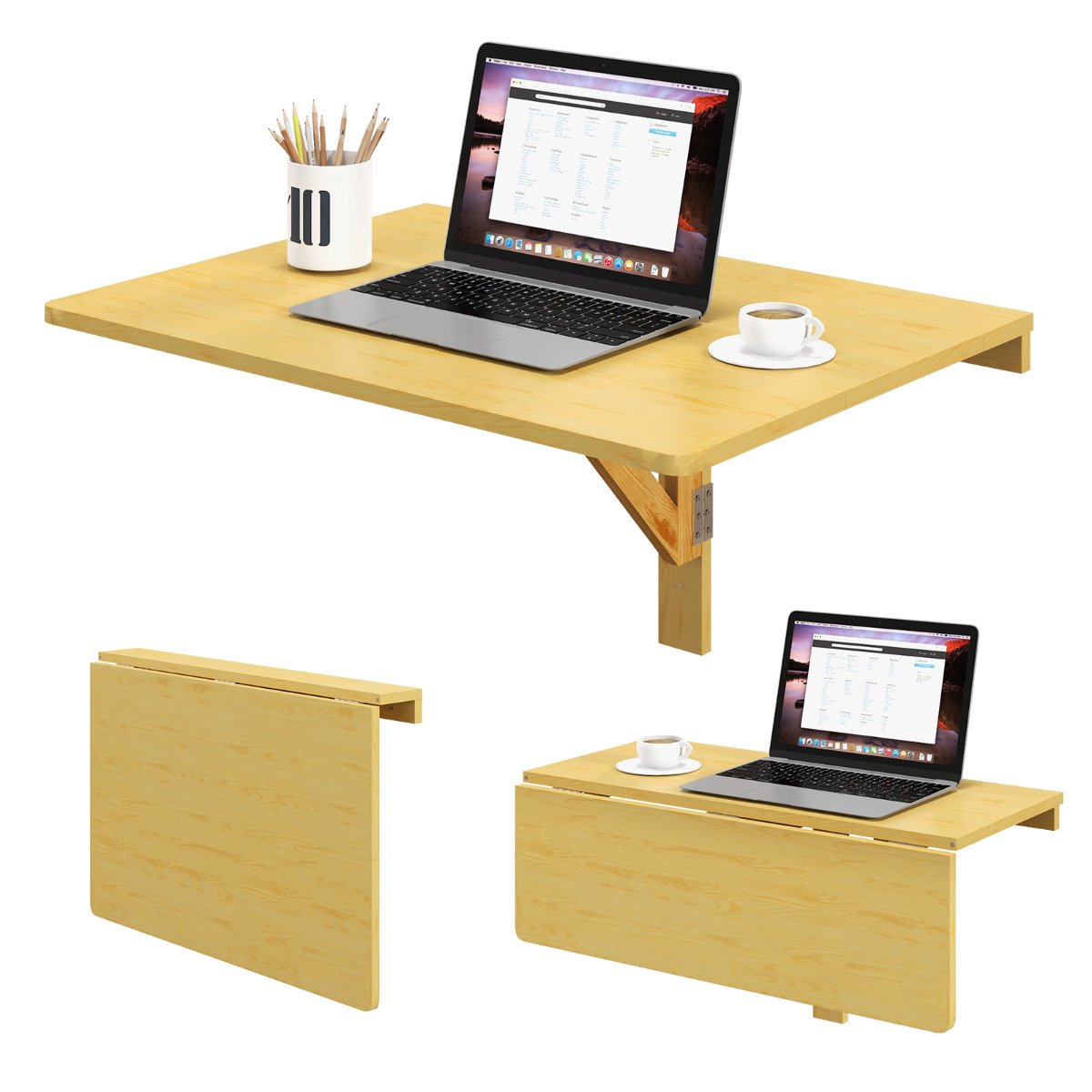 EMBERSPELL 80 x 60 cm Wall Mounted Folding Table Drop-Leaf Floating Writing Desk-Natural - Savings Store