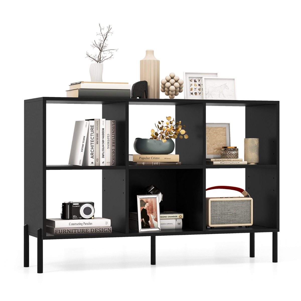 6-Cube Storage Bookcase Wooden Open Bookshelf with 5 Metal Legs-Black - Savings Store