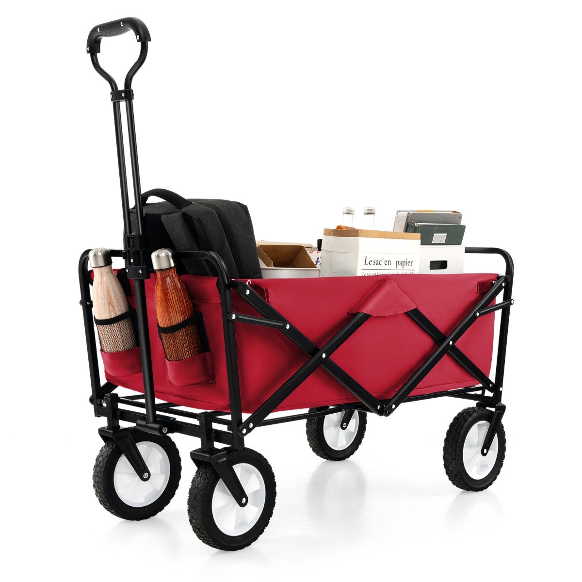 Camp Furniture - Heavy Duty Camping Garden Cart with Adjustable Handle and Drink Holders-Red - Savings Store
